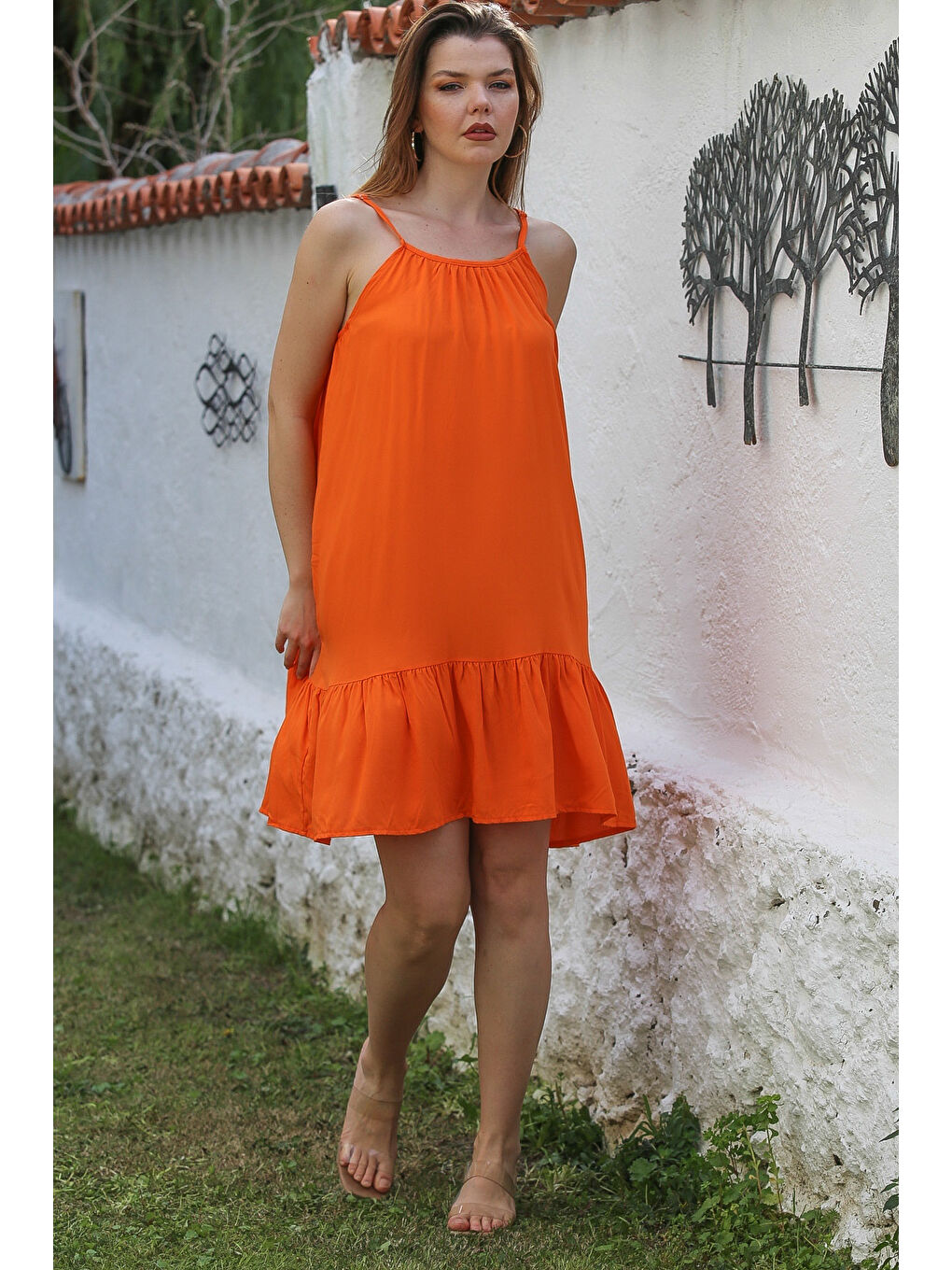 Turuncu Eteği Fırfırlı Ayarlanabilir Askılı Casual Viskon Dokuma Elbise 105 66-1