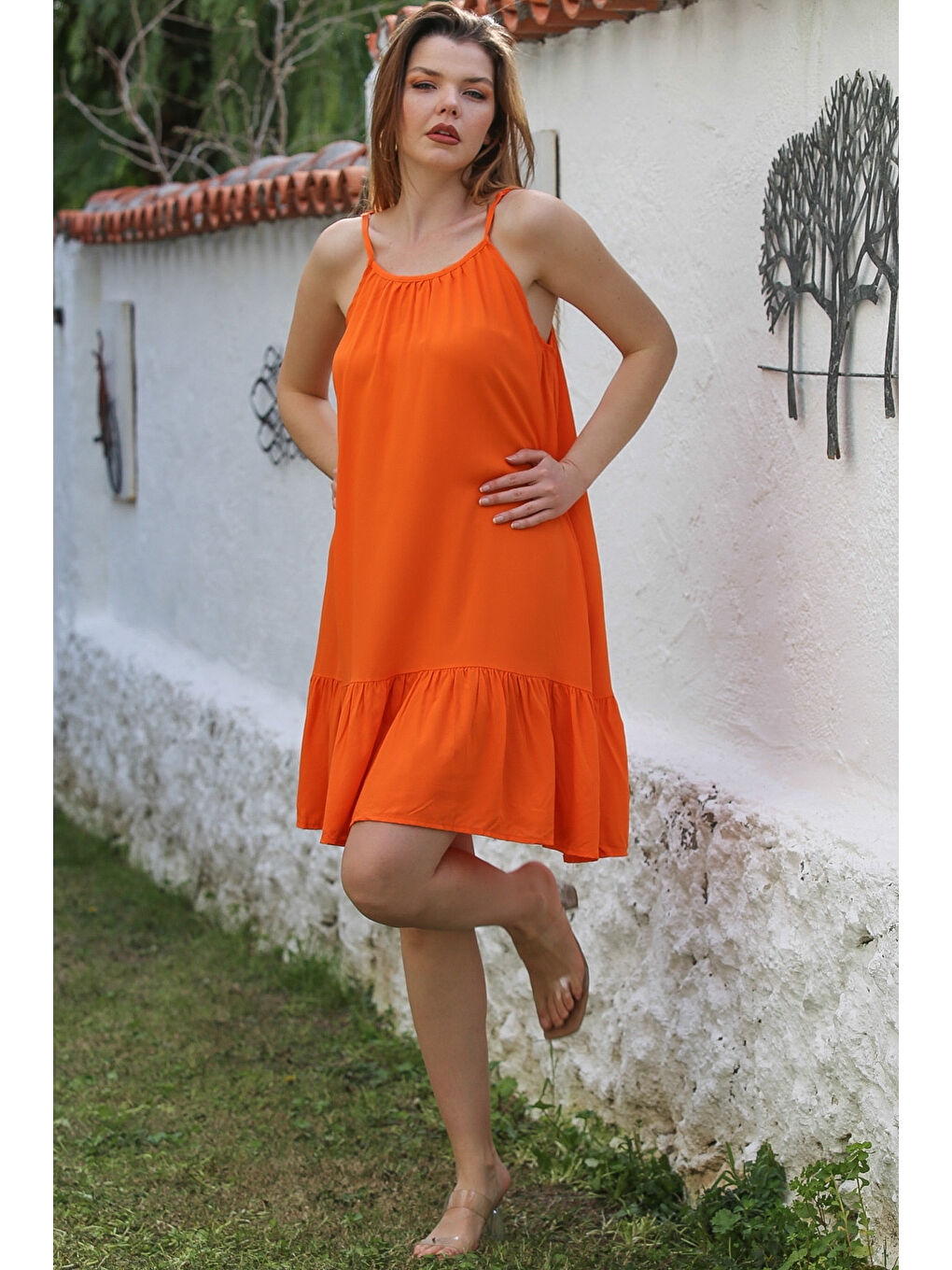 Turuncu Eteği Fırfırlı Ayarlanabilir Askılı Casual Viskon Dokuma Elbise 105 66-2