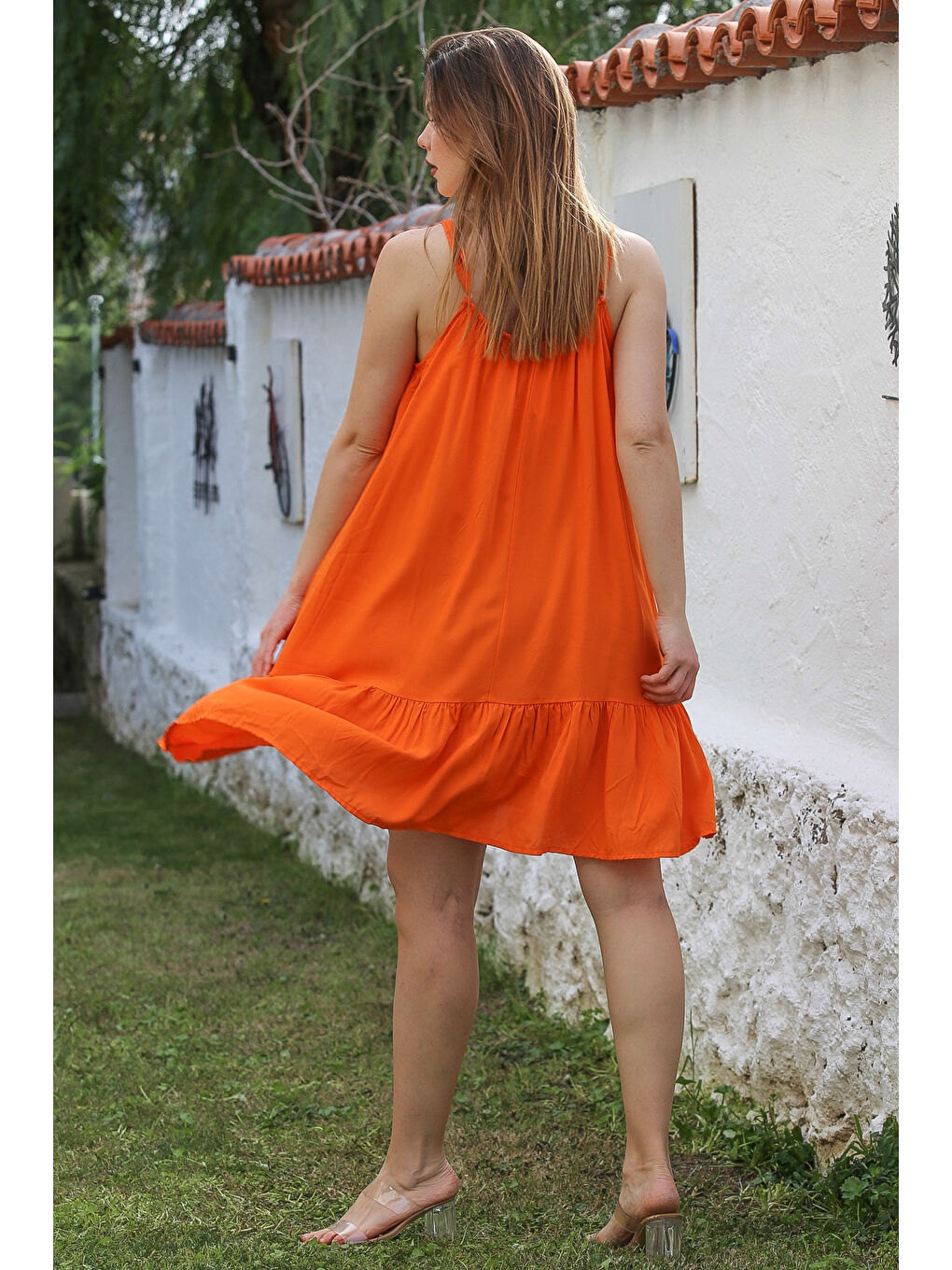 Turuncu Eteği Fırfırlı Ayarlanabilir Askılı Casual Viskon Dokuma Elbise 105 66-3