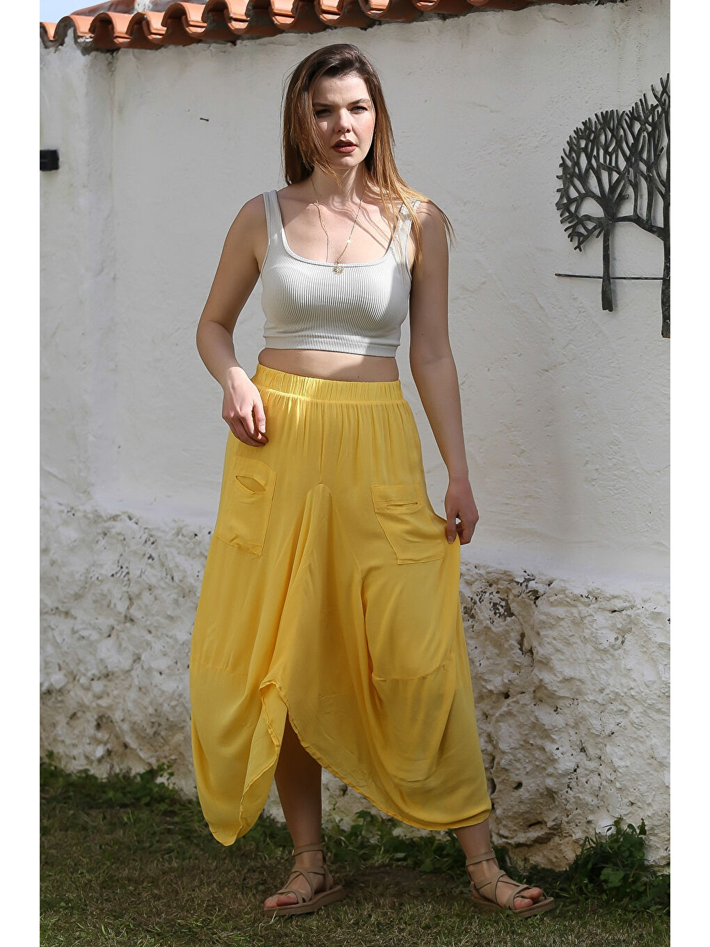 Sarı Cepli İnce Astarlı Çift Katlı Lastikli Bel Casual Dokuma Etek 90 60-1
