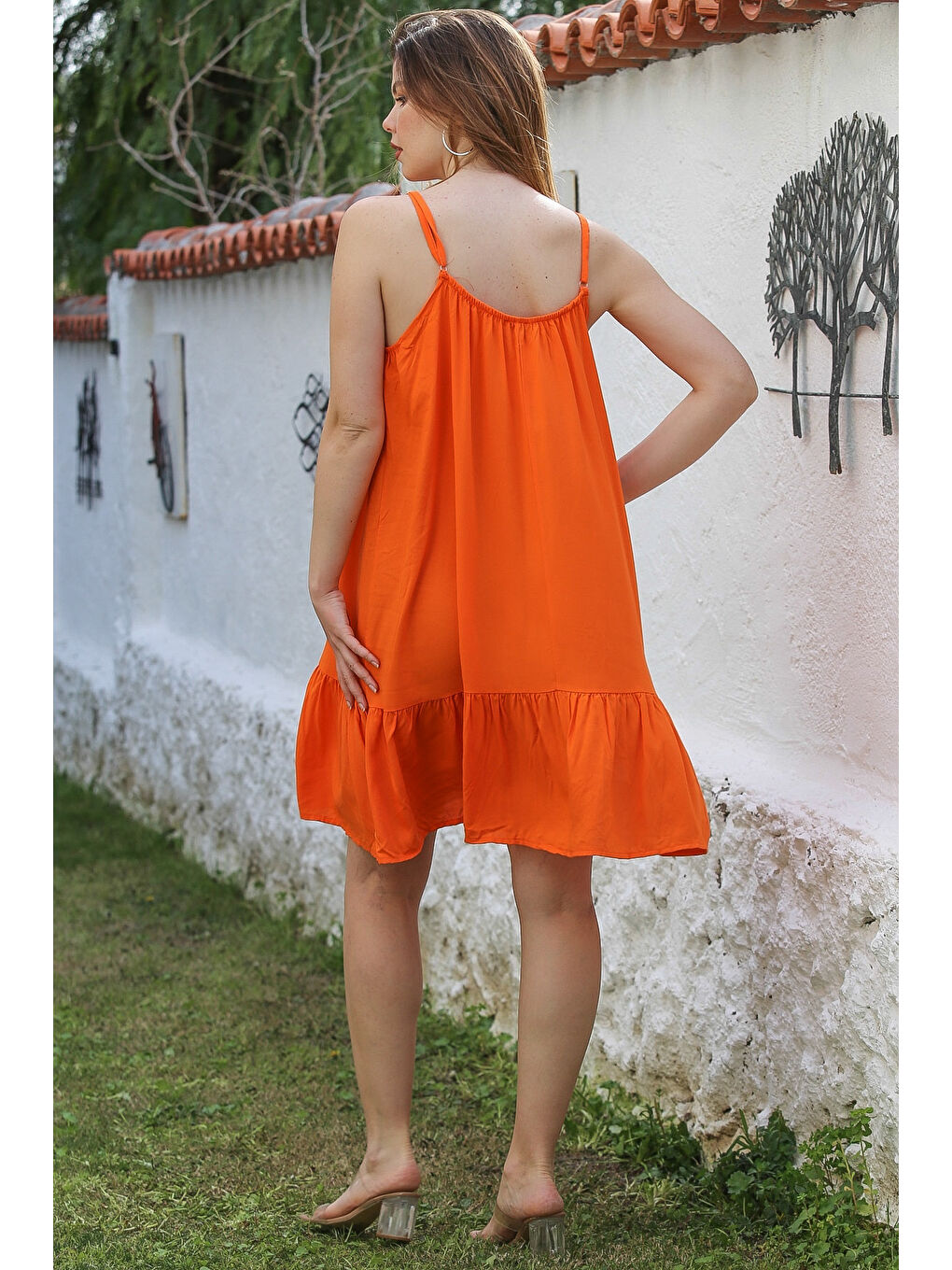 Turuncu Eteği Fırfırlı Ayarlanabilir Askılı Casual Viskon Dokuma Elbise 105 66-4