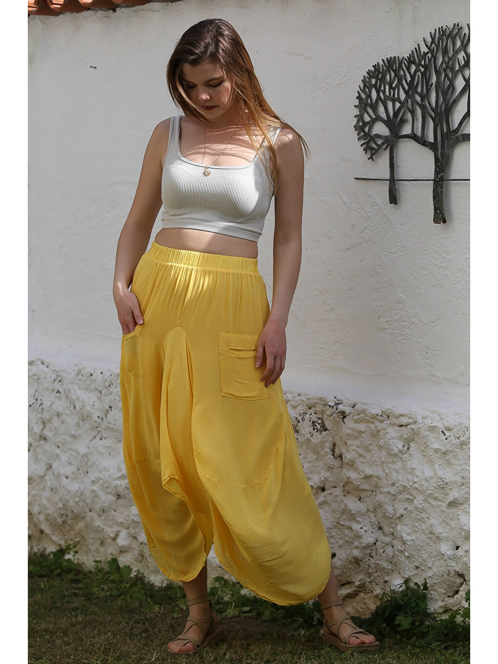 Sarı Cepli İnce Astarlı Çift Katlı Lastikli Bel Casual Dokuma Etek 90 60-2