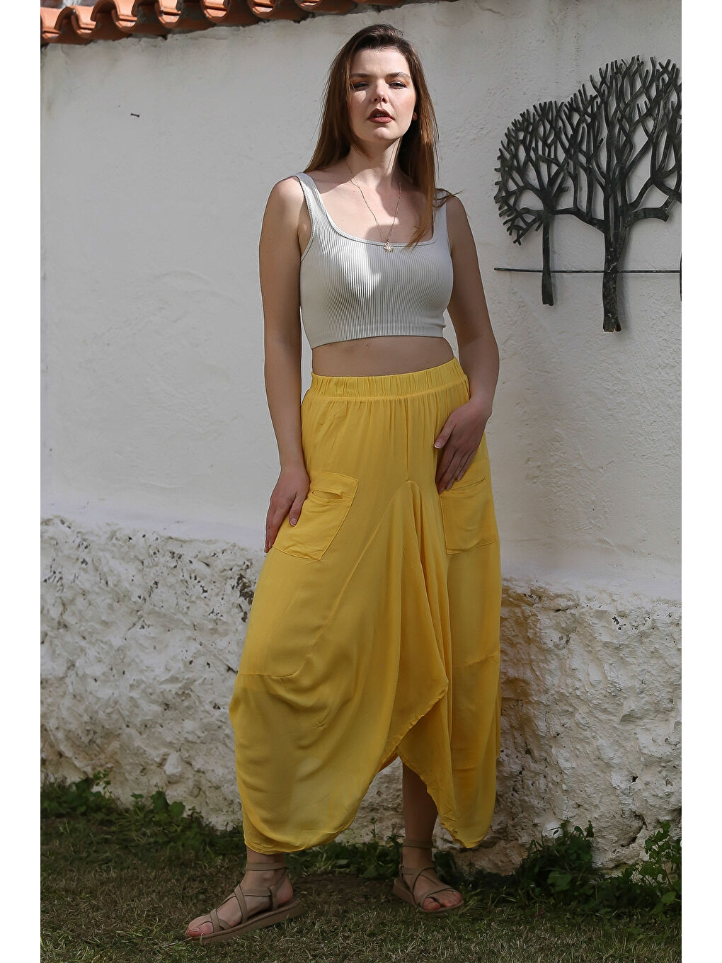 Sarı Cepli İnce Astarlı Çift Katlı Lastikli Bel Casual Dokuma Etek 90 60-3