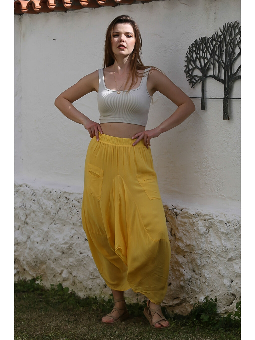 Sarı Cepli İnce Astarlı Çift Katlı Lastikli Bel Casual Dokuma Etek 90 60-4