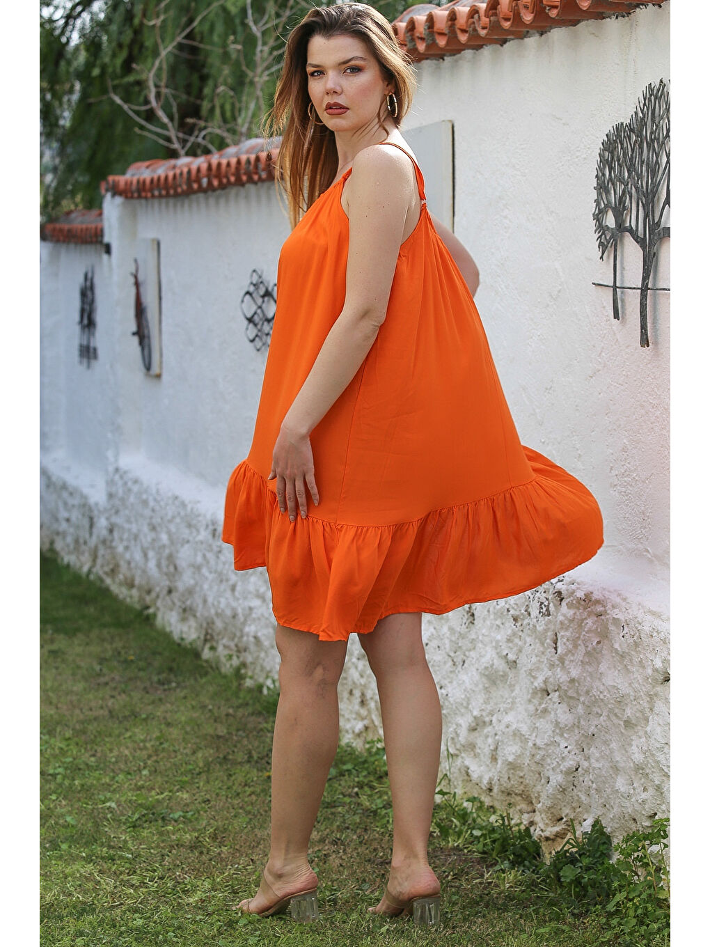 Turuncu Eteği Fırfırlı Ayarlanabilir Askılı Casual Viskon Dokuma Elbise 105 66-5