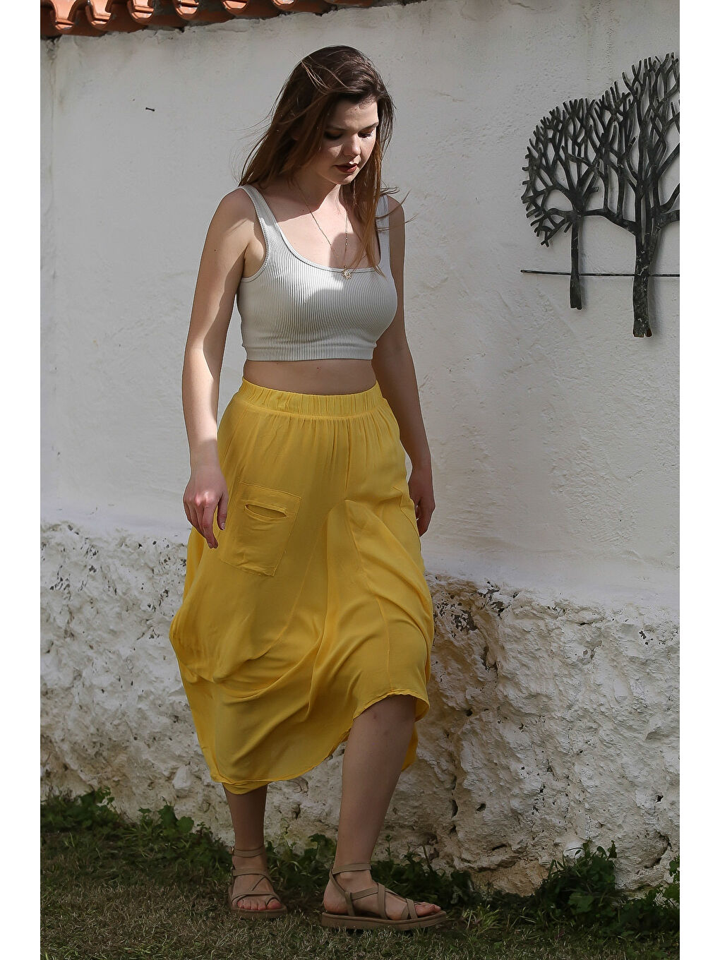 Sarı Cepli İnce Astarlı Çift Katlı Lastikli Bel Casual Dokuma Etek 90 60-5