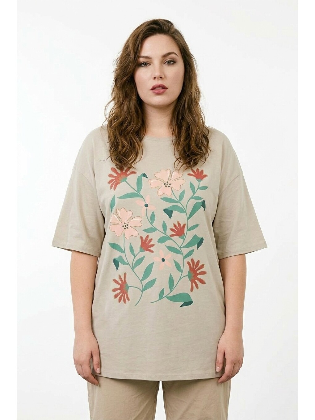 Bej Çiçek Baskılı Oversize T-shirt-1