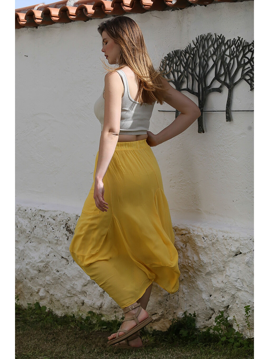 Sarı Cepli İnce Astarlı Çift Katlı Lastikli Bel Casual Dokuma Etek 90 60-6