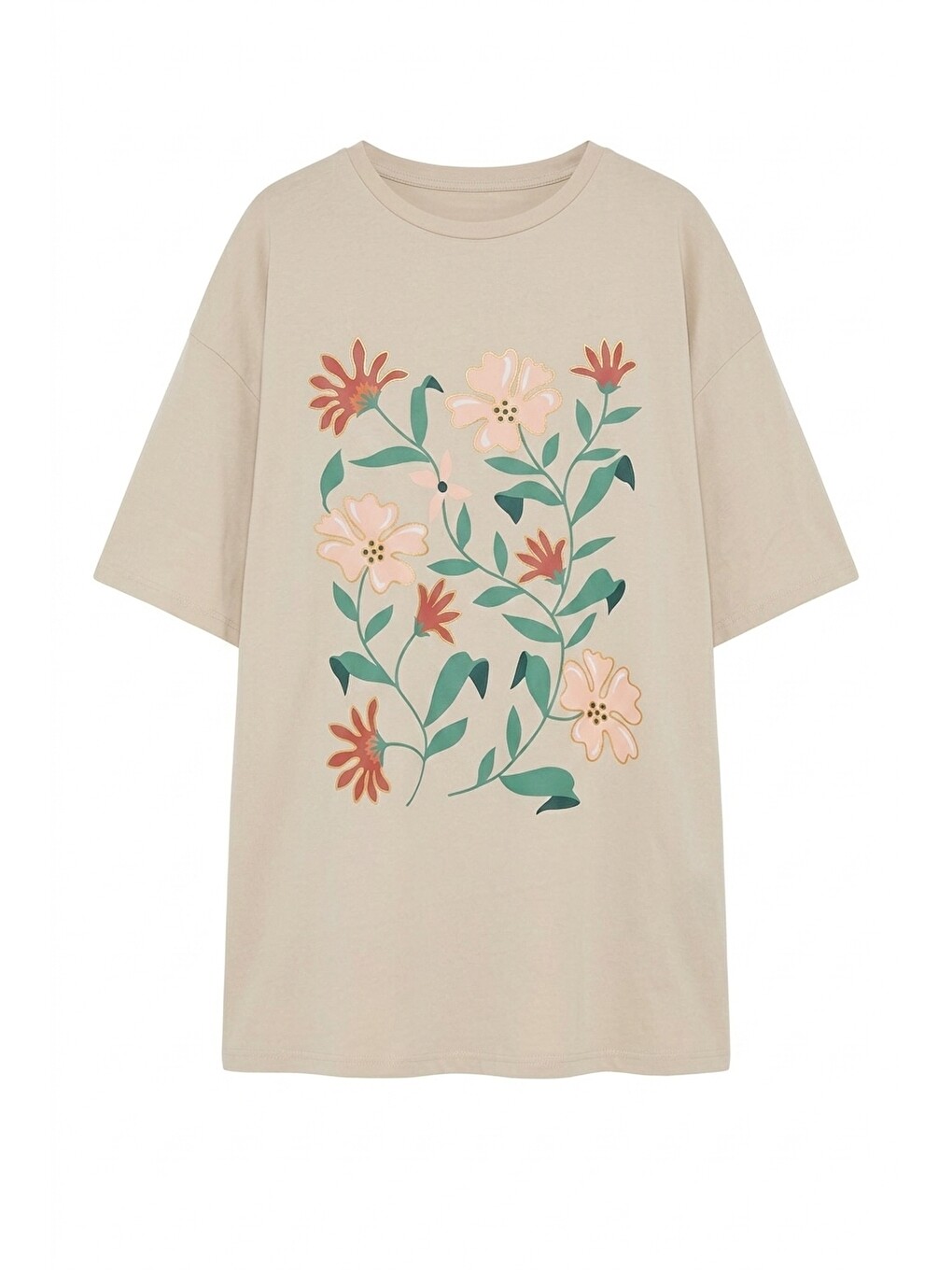 Bej Çiçek Baskılı Oversize T-shirt-5