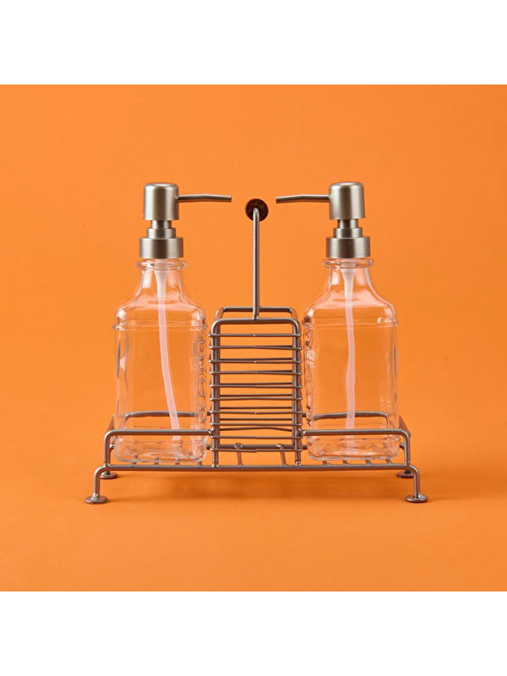 Renksiz Bland 2'li Metal Stantlı Cam Sıvı Sabunluk - Şeffaf / Gri - 200 ml