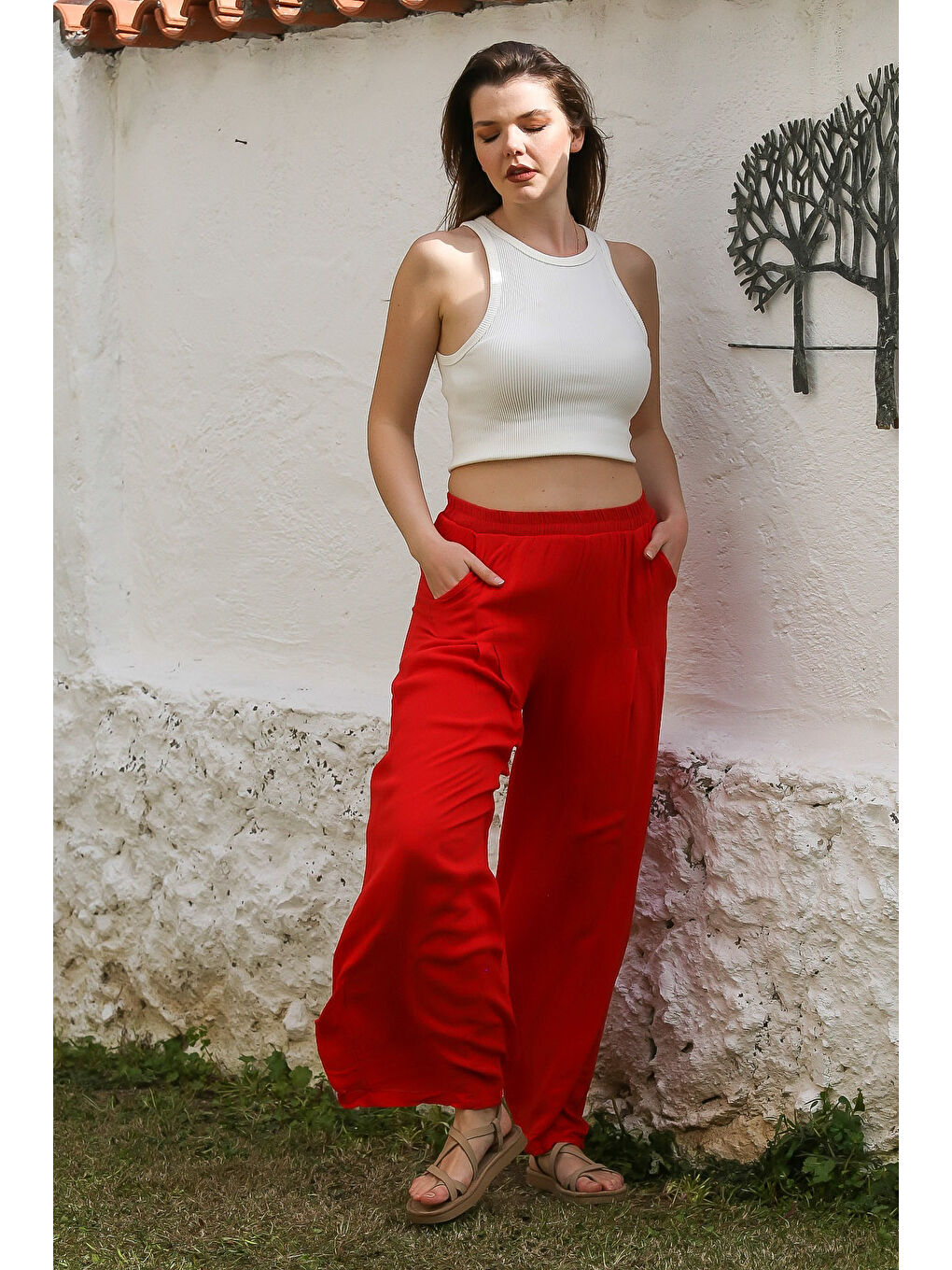 Kırmızı Cepli İnce Astarlı Çift Katlı Pileli Lastikli Bel Casual Dokuma Pantolon 108 60