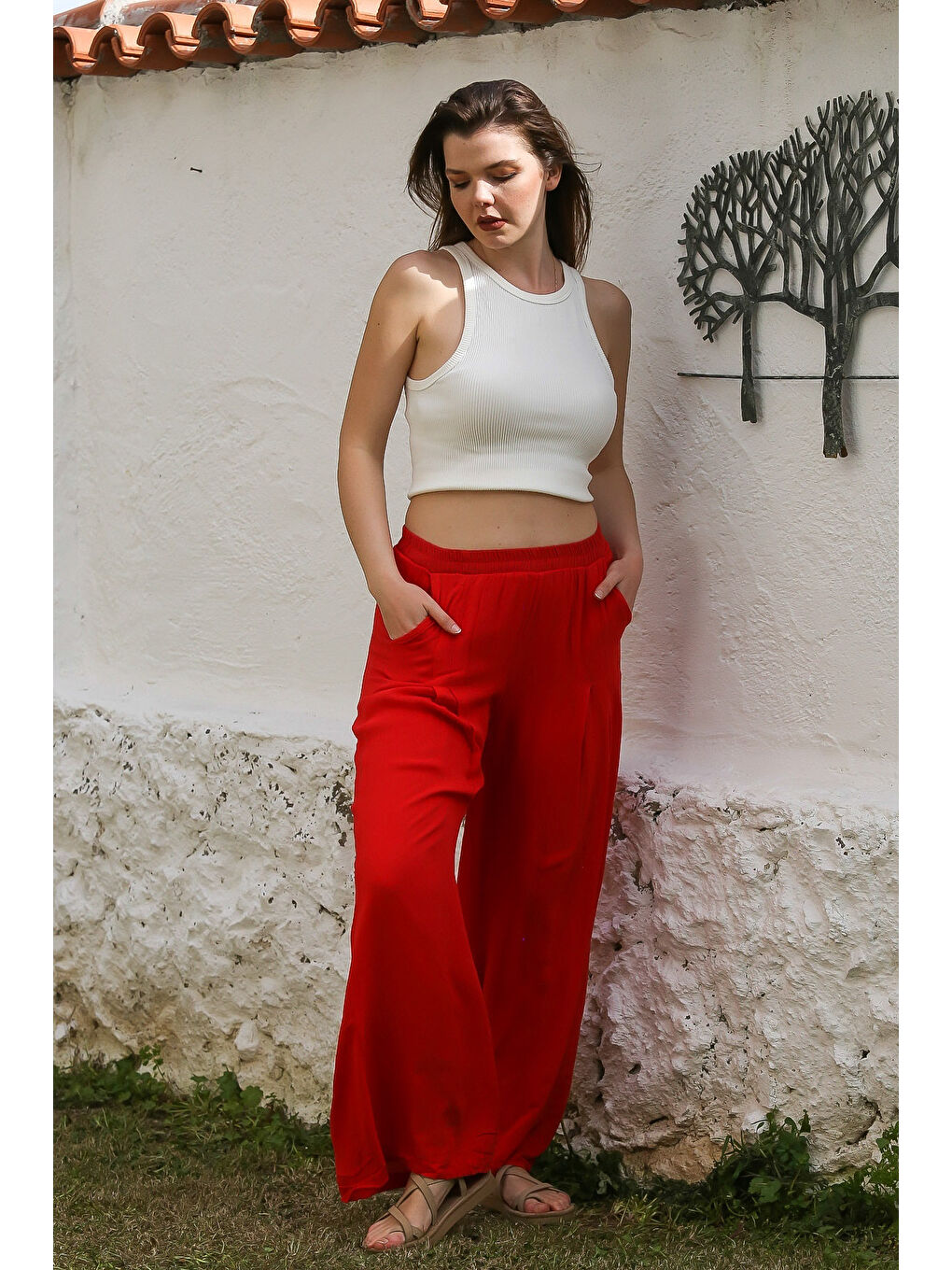 Kırmızı Cepli İnce Astarlı Çift Katlı Pileli Lastikli Bel Casual Dokuma Pantolon 108 60-1