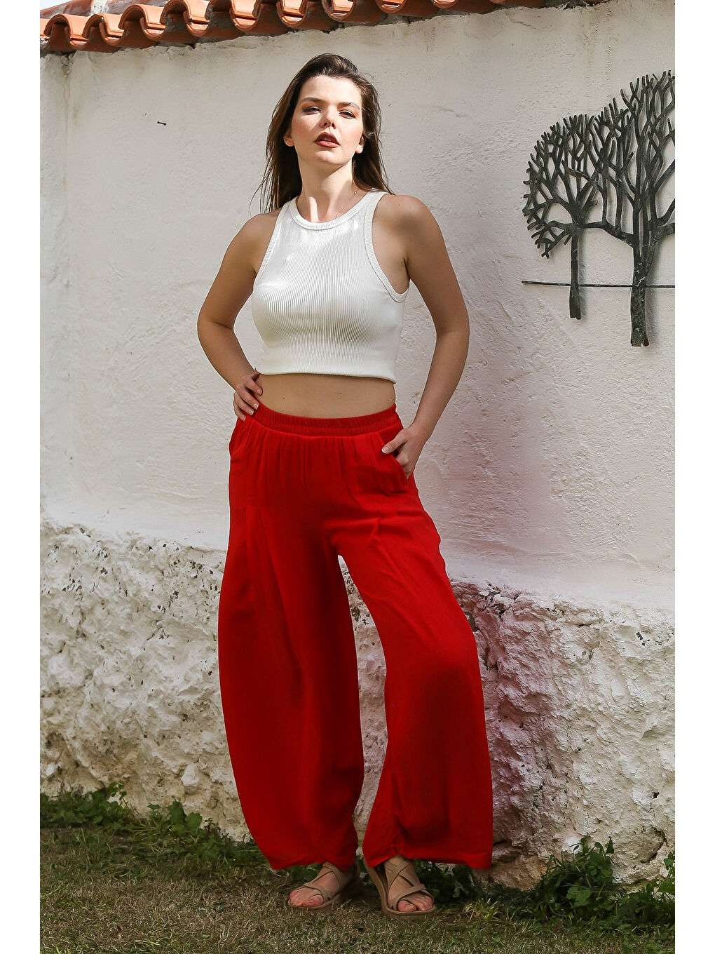 Kırmızı Cepli İnce Astarlı Çift Katlı Pileli Lastikli Bel Casual Dokuma Pantolon 108 60-2