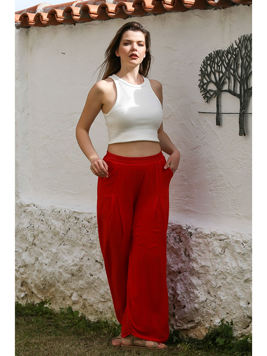 Kırmızı Cepli İnce Astarlı Çift Katlı Pileli Lastikli Bel Casual Dokuma Pantolon 108 60-3