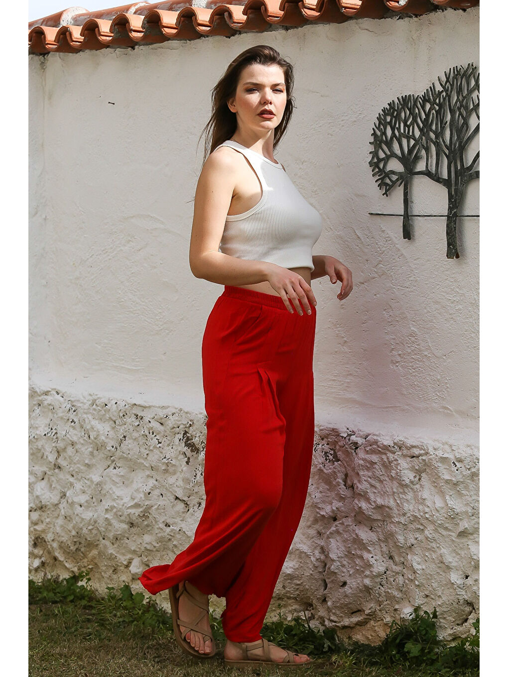 Kırmızı Cepli İnce Astarlı Çift Katlı Pileli Lastikli Bel Casual Dokuma Pantolon 108 60-4