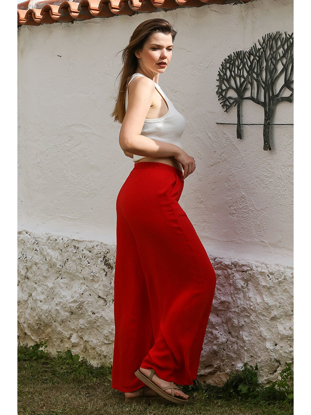 Kırmızı Cepli İnce Astarlı Çift Katlı Pileli Lastikli Bel Casual Dokuma Pantolon 108 60-5