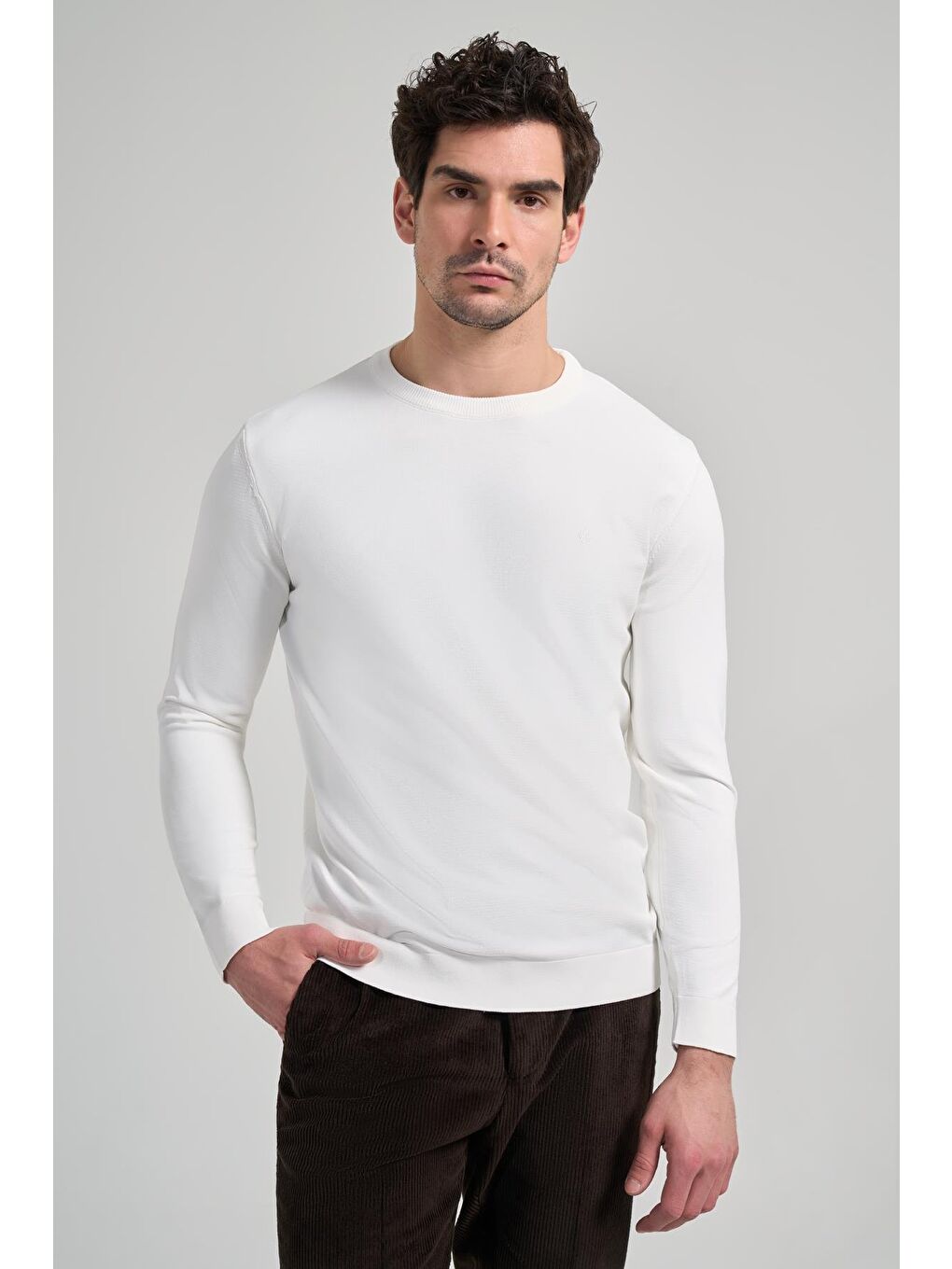 Beyaz Uzun Kol Düz Örme Bisiklet Yaka Cepsiz Pamuklu Slim Fit Triko 1012245163