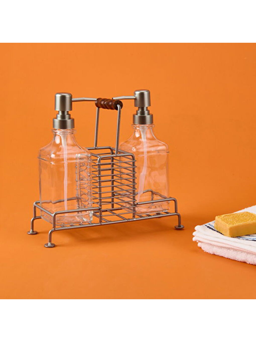 Renksiz Bland 2'li Metal Stantlı Cam Sıvı Sabunluk - Şeffaf / Gri - 200 ml-2