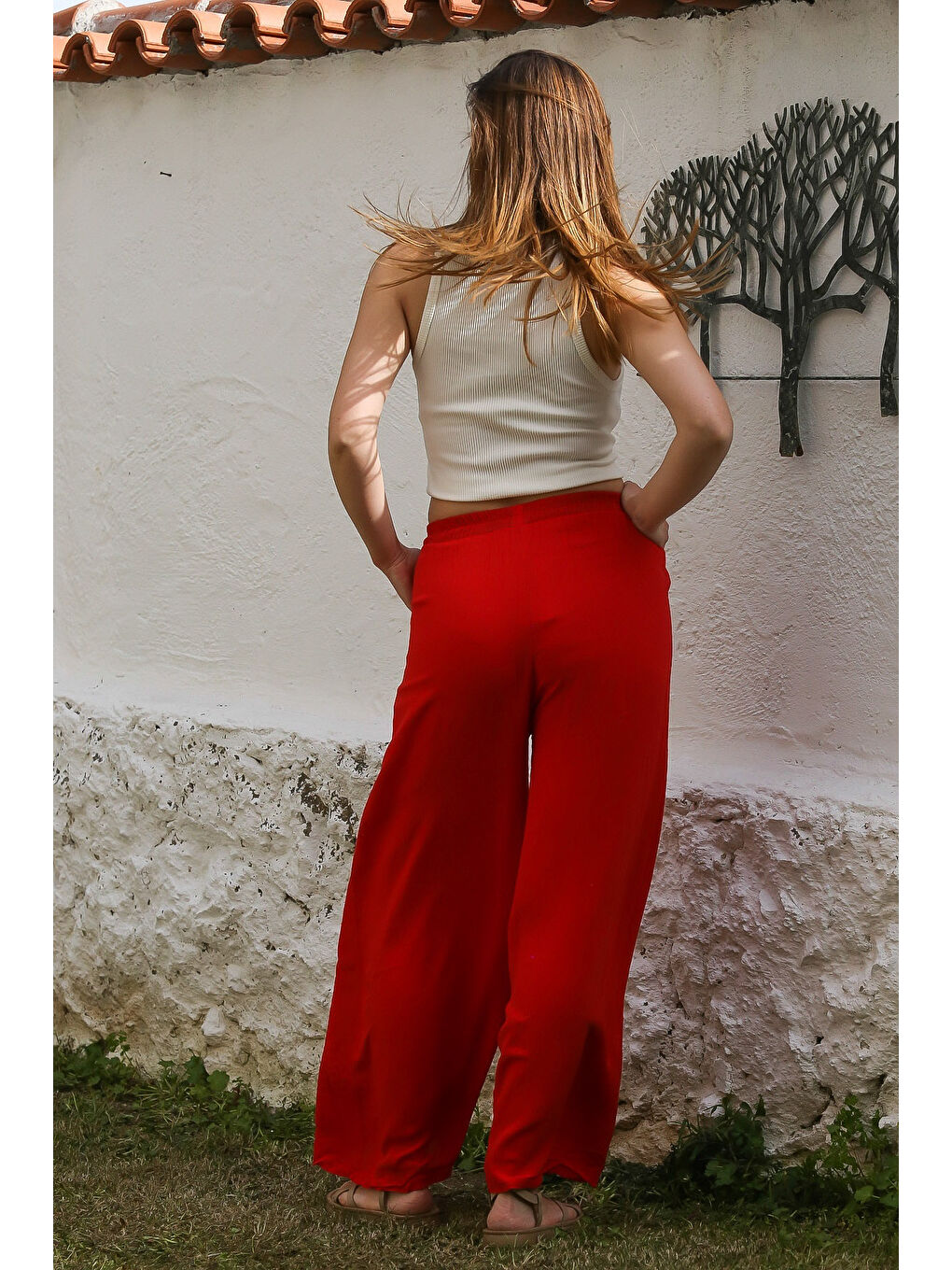 Kırmızı Cepli İnce Astarlı Çift Katlı Pileli Lastikli Bel Casual Dokuma Pantolon 108 60-6