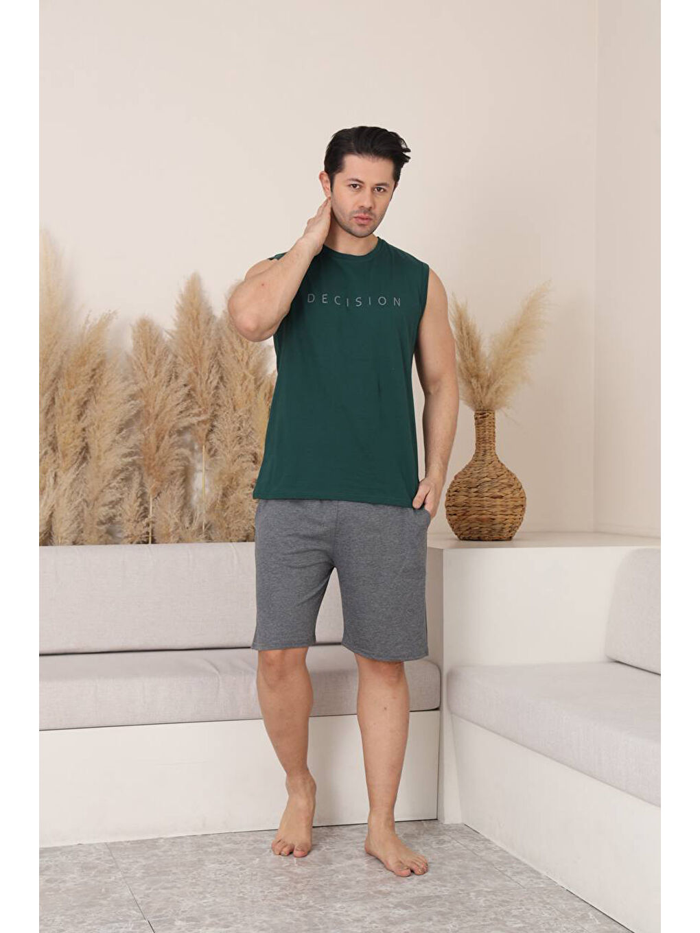 Haki %100 Pamuklu Kolsuz Cepli Erkek Şortlu Pijama Takımı 2011-1