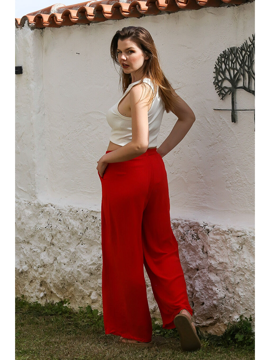 Kırmızı Cepli İnce Astarlı Çift Katlı Pileli Lastikli Bel Casual Dokuma Pantolon 108 60-7