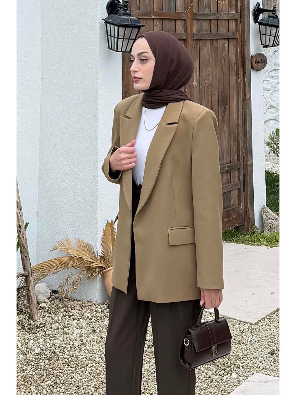 Çizgili Astarlı Tesettür Ceket Haki-1