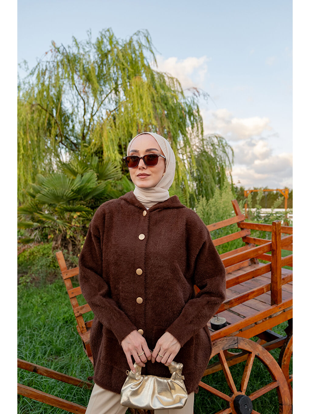 Kadın Kapüşonlu Triko Ceket Kahverengi-1