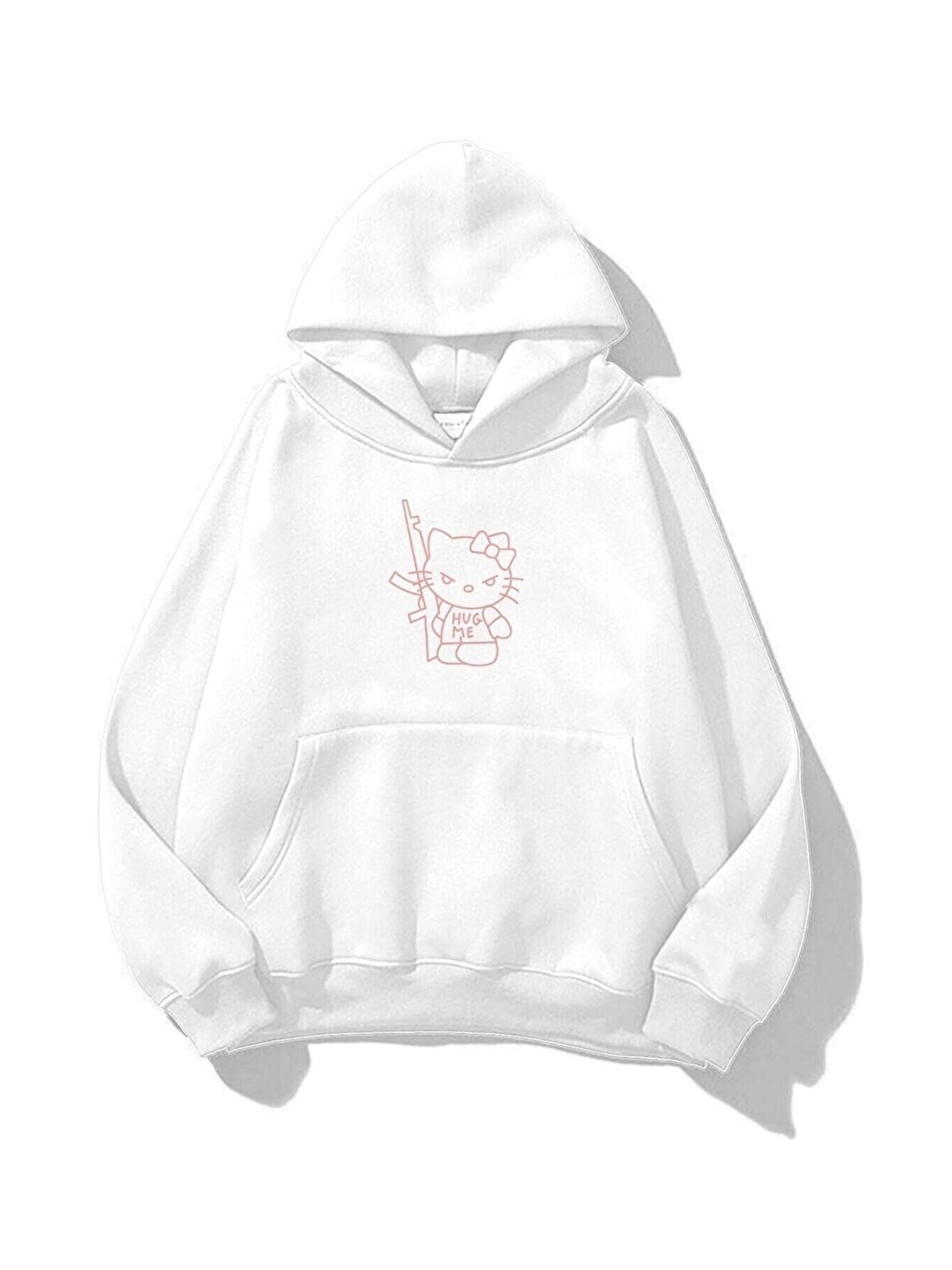 Unisex Beyaz Hug Me Baskılı Kapüşonlu Sweatshirt