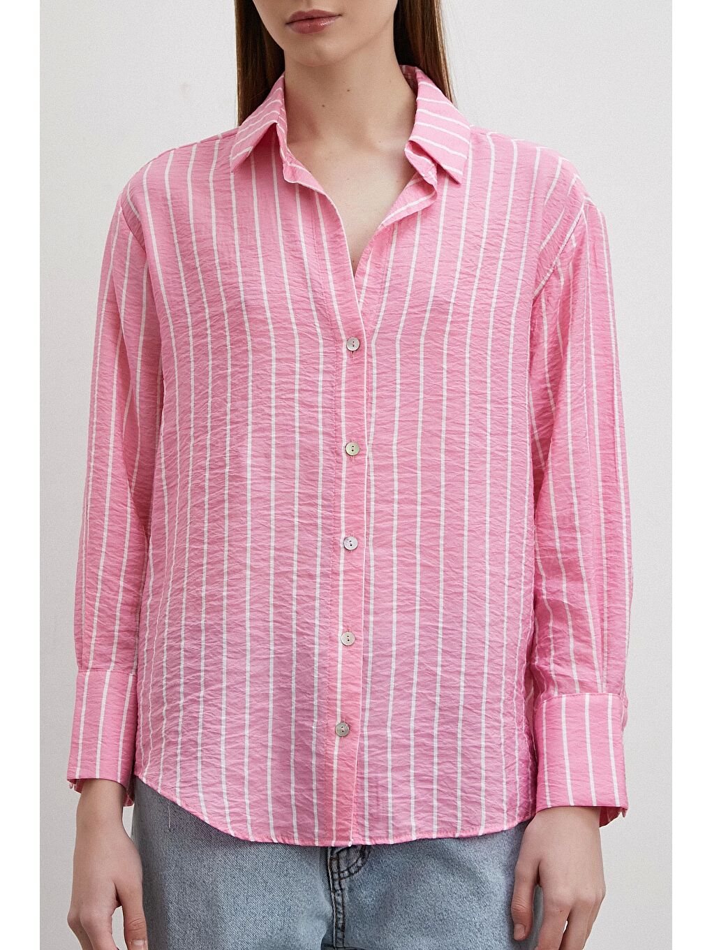 Çizgi Desenli Gömlek Pembe-1