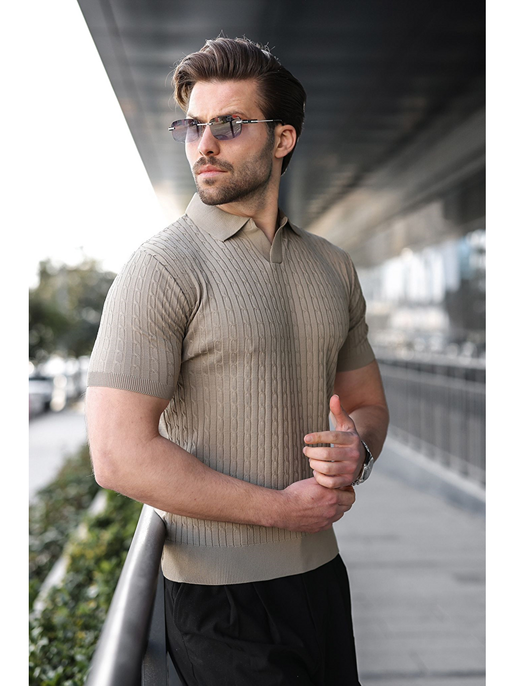 Bej Vizon Slim Fit Polo Yaka Triko Erkek Tişört E7472-4