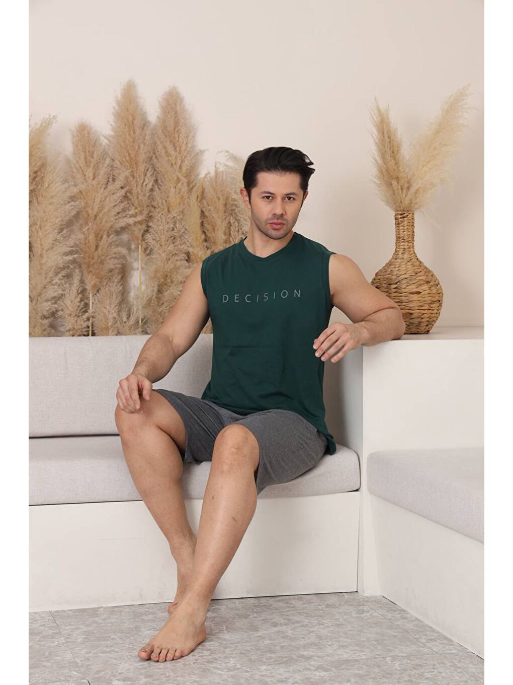 Haki %100 Pamuklu Kolsuz Cepli Erkek Şortlu Pijama Takımı 2011-3