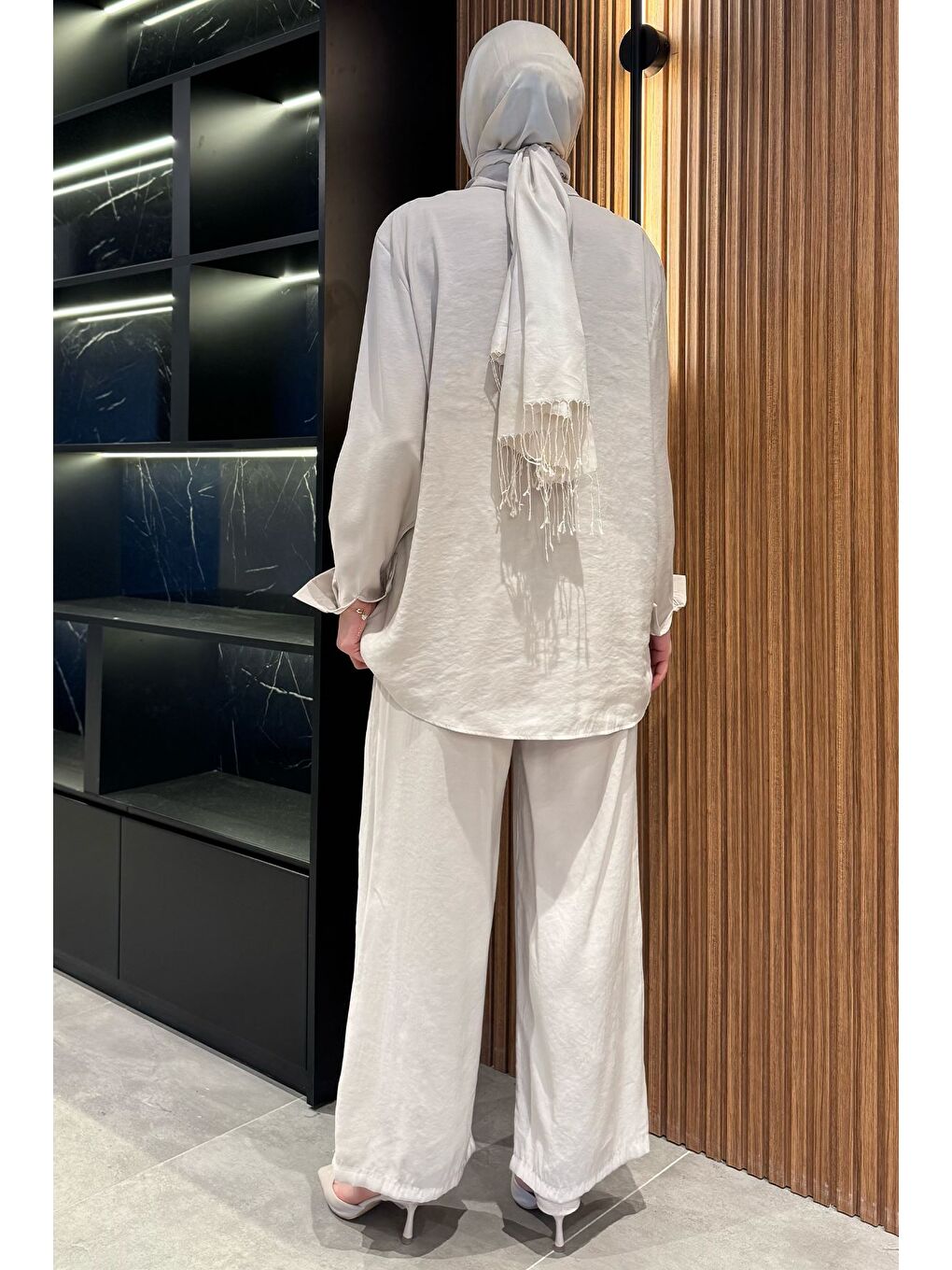 Bej Kadın Boncuk İşlemeli Tesettür Gömlek Pantolon İkili Takım-3