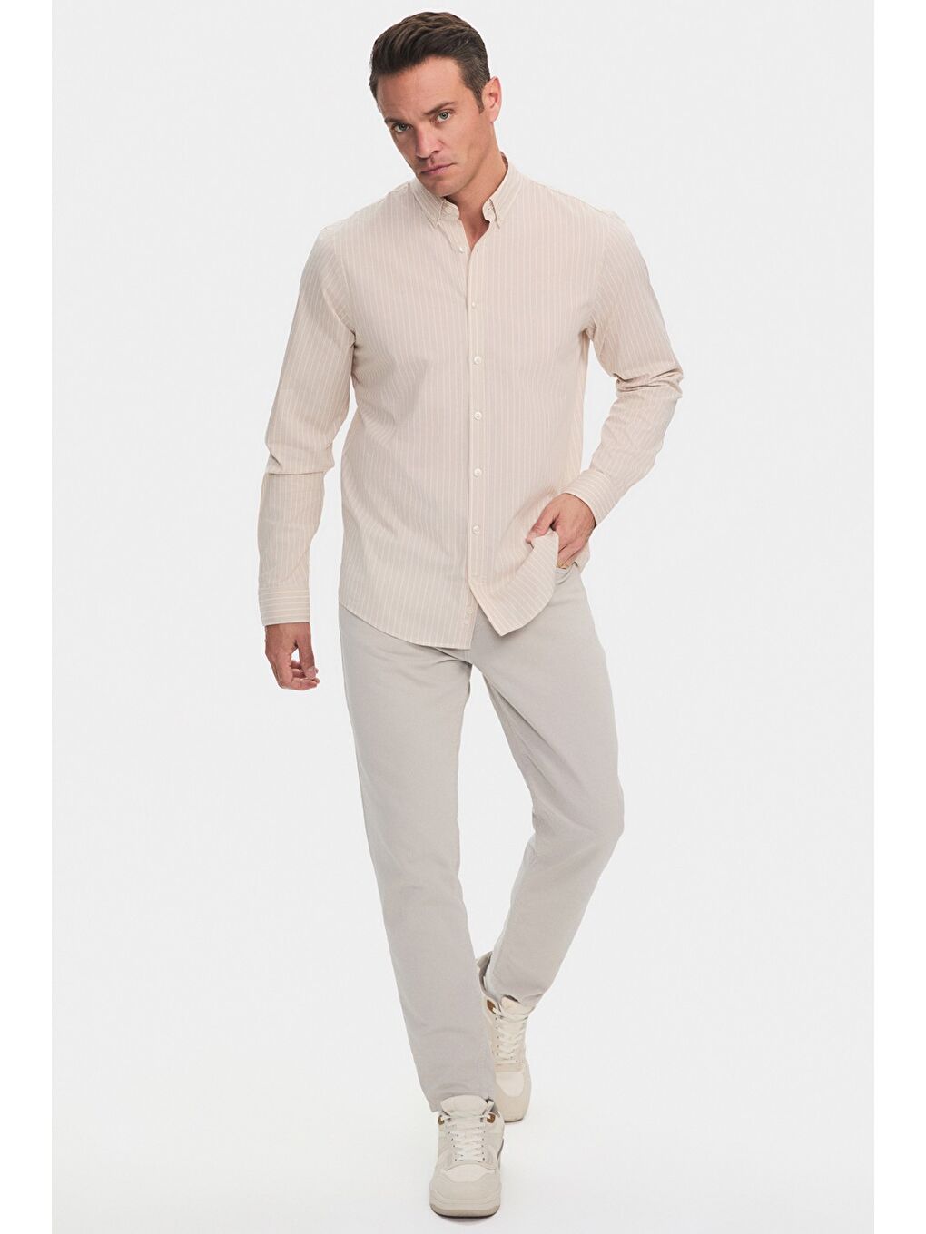 Bej Exclusive Erkek Regular Fit Çizgili Düğmeli Yaka Gömlek-4