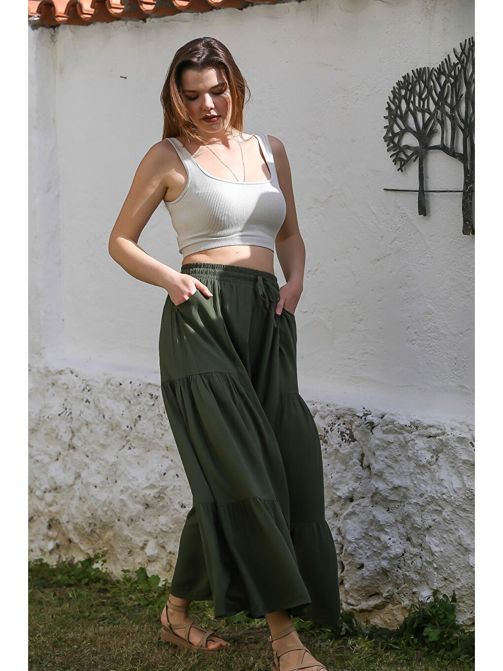 Haki Cepli Lastikli Ve Bağlamalı Bel İspanyol Paça Casual Viskon Dokuma Pantolon 108 65-1