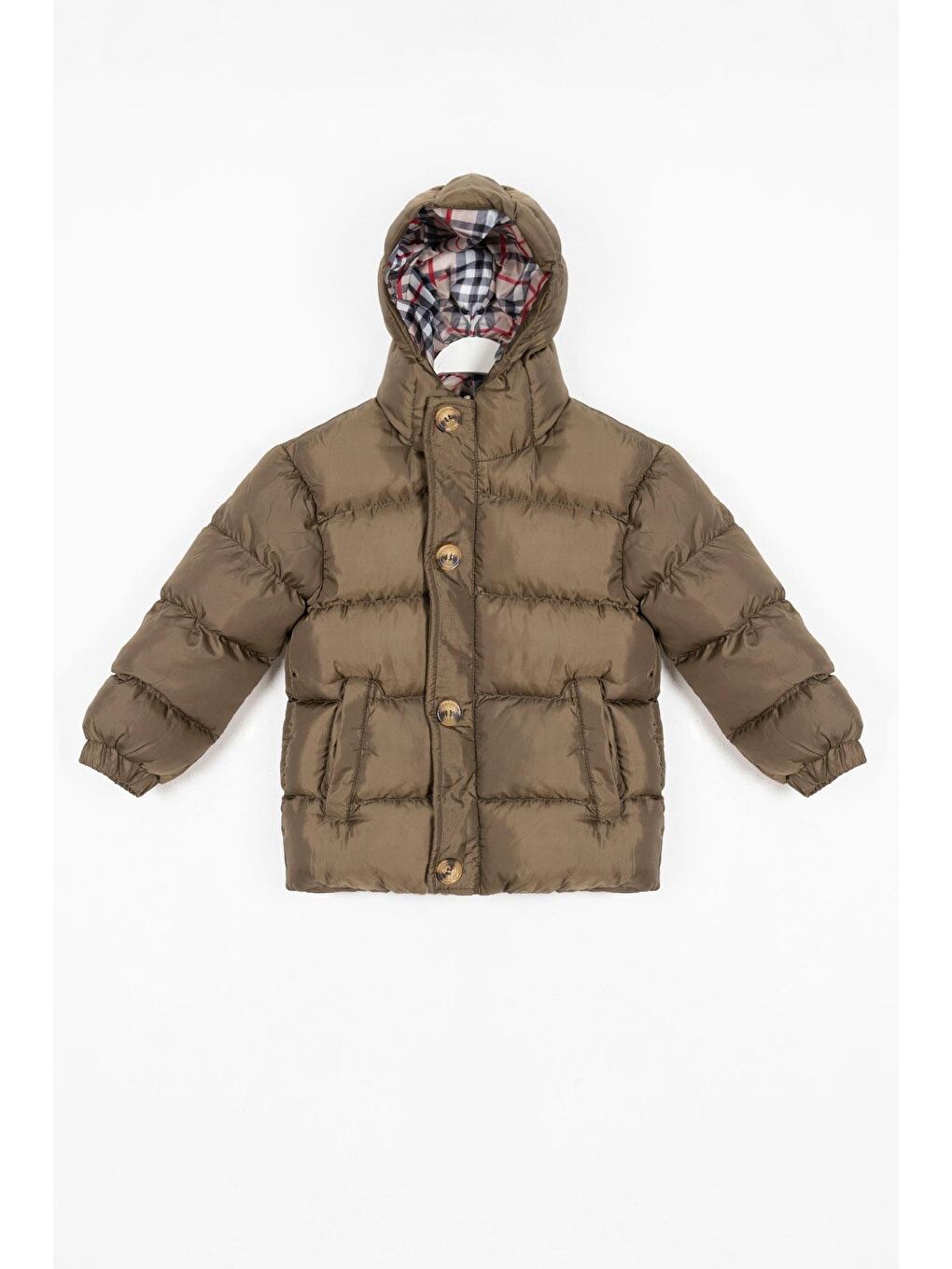 Kapüşonlu Uzun Kol Düğmeli Fermuarlı Haki Renk Erkek Çocuk Mont