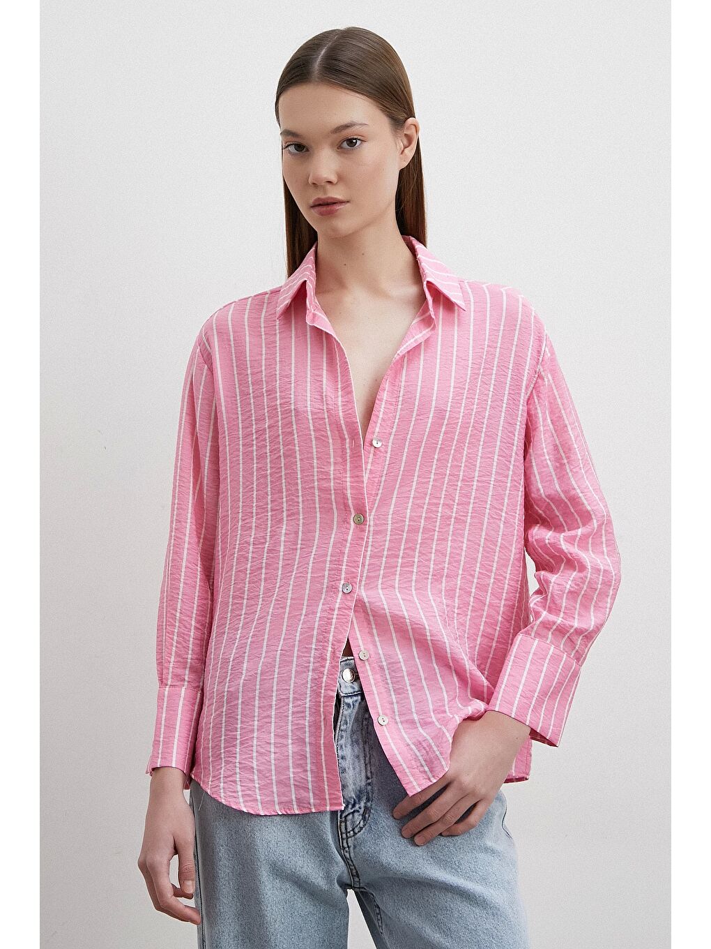 Çizgi Desenli Gömlek Pembe-4