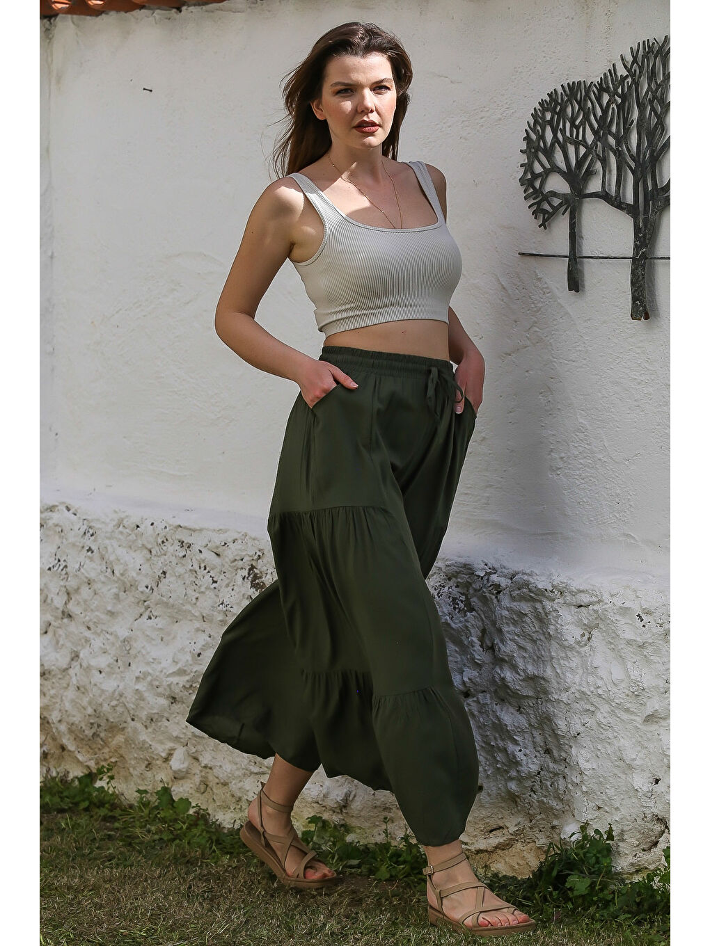 Haki Cepli Lastikli Ve Bağlamalı Bel İspanyol Paça Casual Viskon Dokuma Pantolon 108 65-4