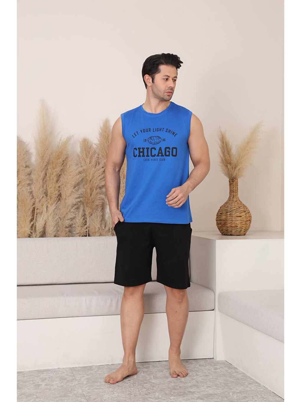 Mavi %100 Pamuklu Kolsuz Cepli Erkek Şortlu Pijama Takımı 2011-1