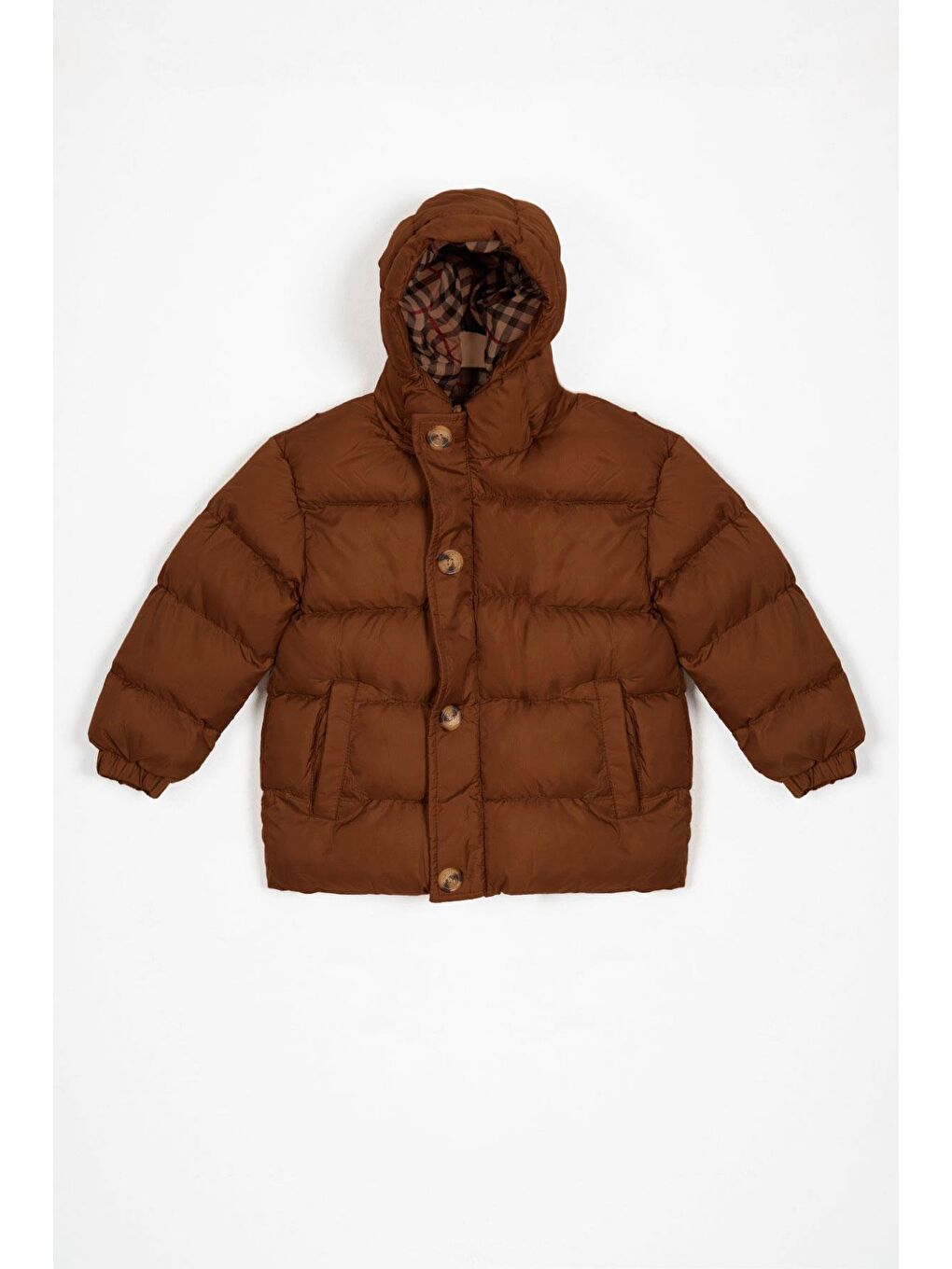 Kapüşonlu Uzun Kol Düğmeli Fermuarlı Kahverengi Renk Erkek Çocuk Mont