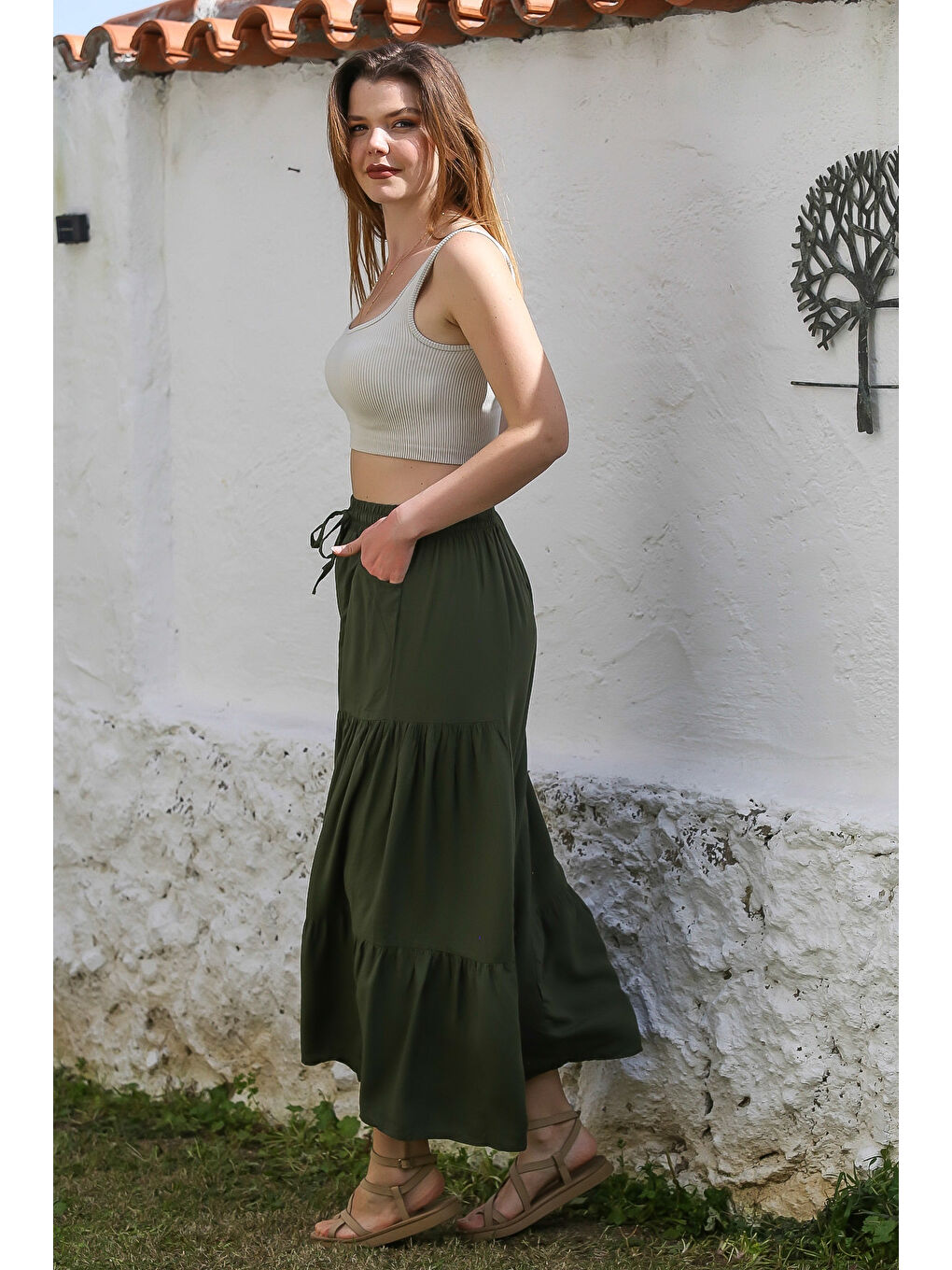 Haki Cepli Lastikli Ve Bağlamalı Bel İspanyol Paça Casual Viskon Dokuma Pantolon 108 65-7