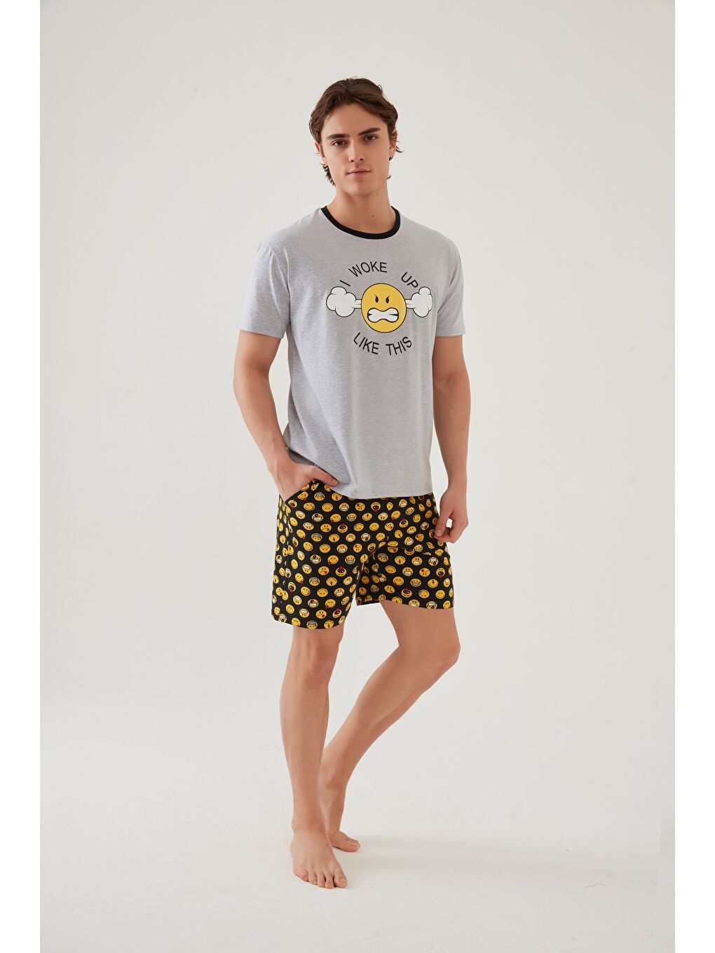 Gri Erkek Pamuklu Baskı Detaylı Şort Takımı-2