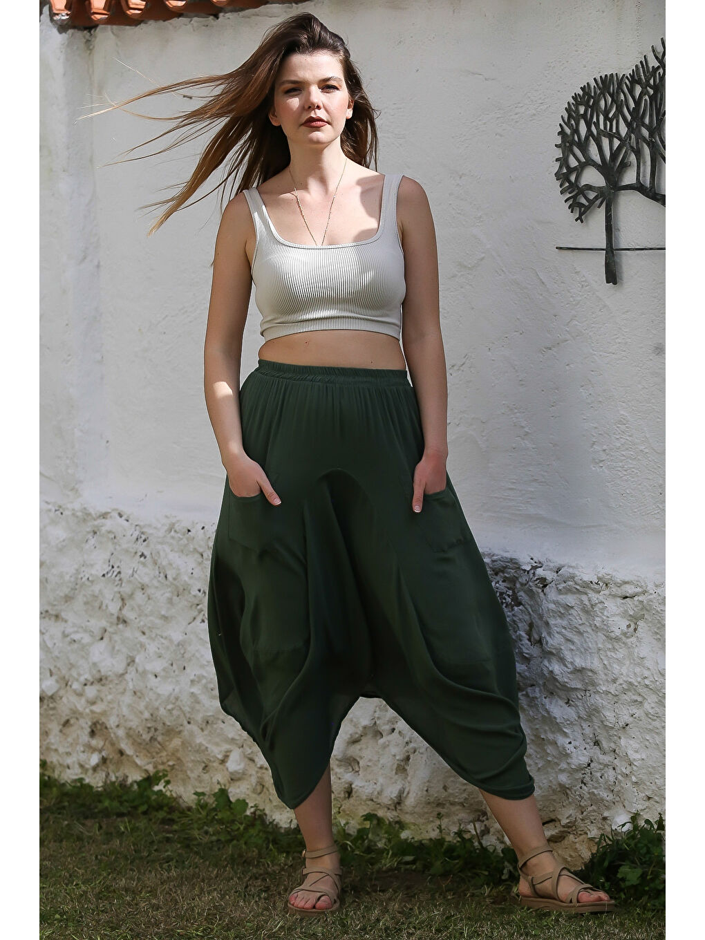 Koyu Yeşil Cepli İnce Astarlı Çift Katlı Lastikli Bel Casual Dokuma Etek 90 60-1