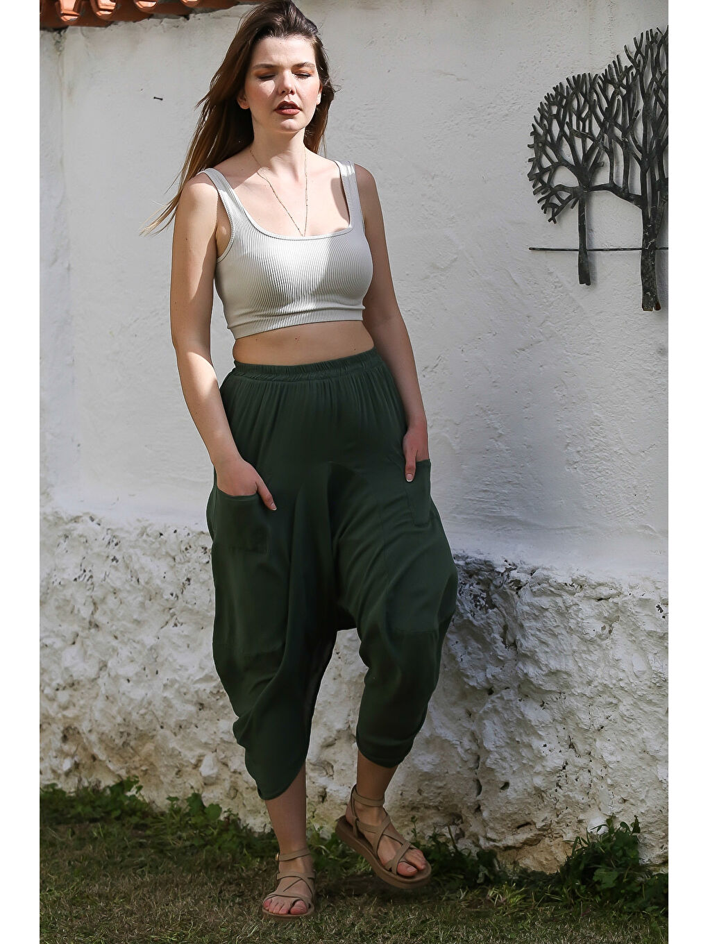 Koyu Yeşil Cepli İnce Astarlı Çift Katlı Lastikli Bel Casual Dokuma Etek 90 60-2