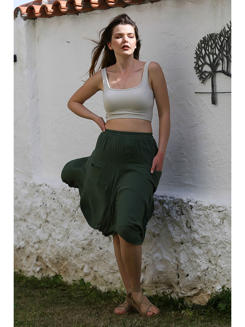 Koyu Yeşil Cepli İnce Astarlı Çift Katlı Lastikli Bel Casual Dokuma Etek 90 60-3