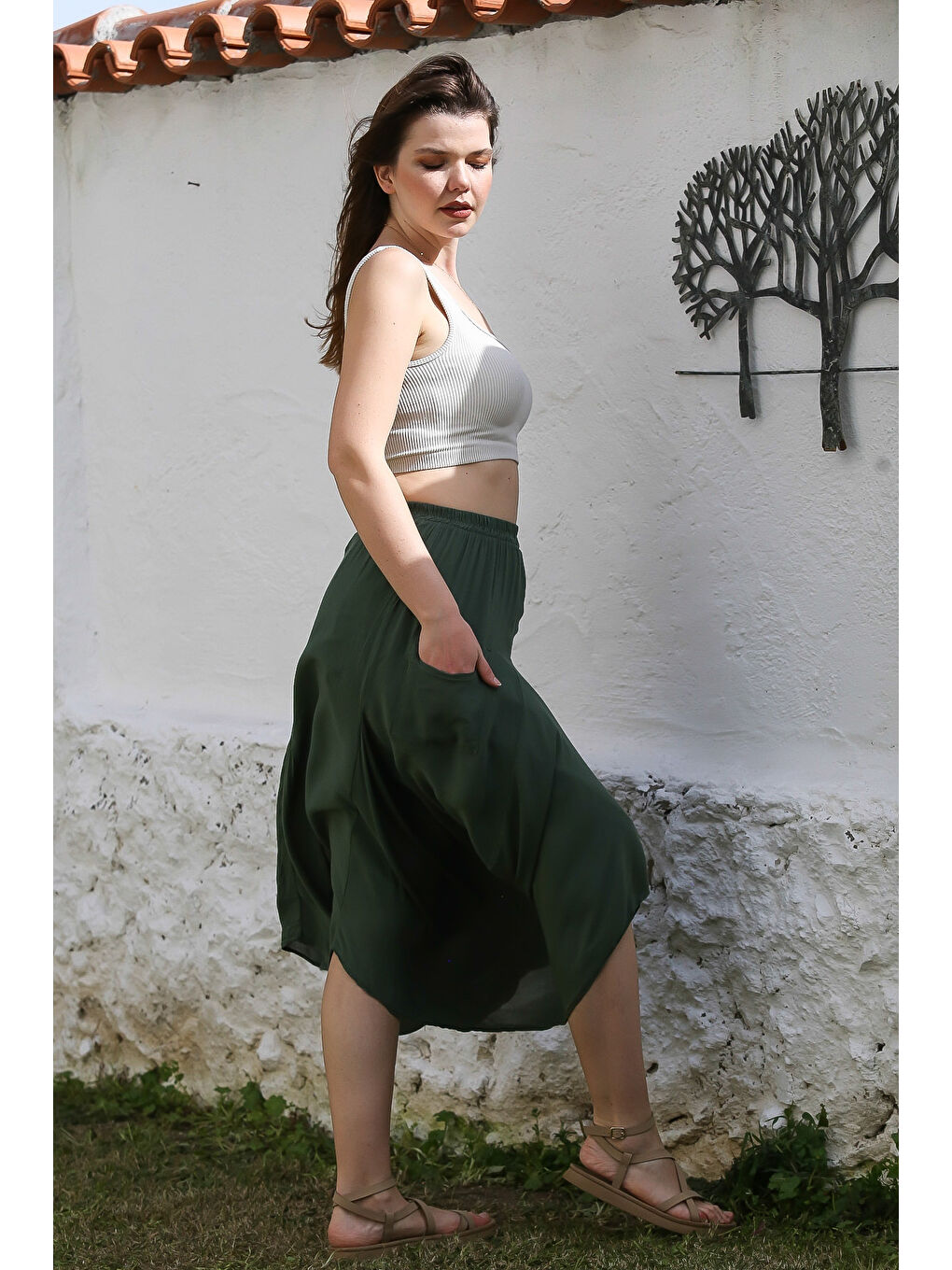 Koyu Yeşil Cepli İnce Astarlı Çift Katlı Lastikli Bel Casual Dokuma Etek 90 60-4