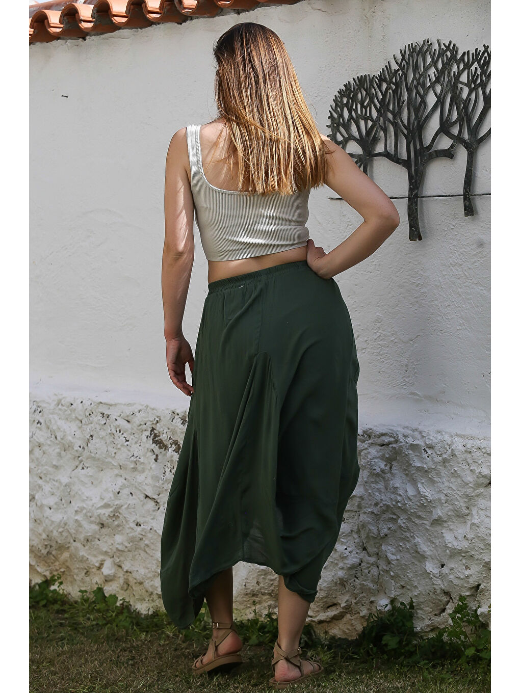 Koyu Yeşil Cepli İnce Astarlı Çift Katlı Lastikli Bel Casual Dokuma Etek 90 60-5