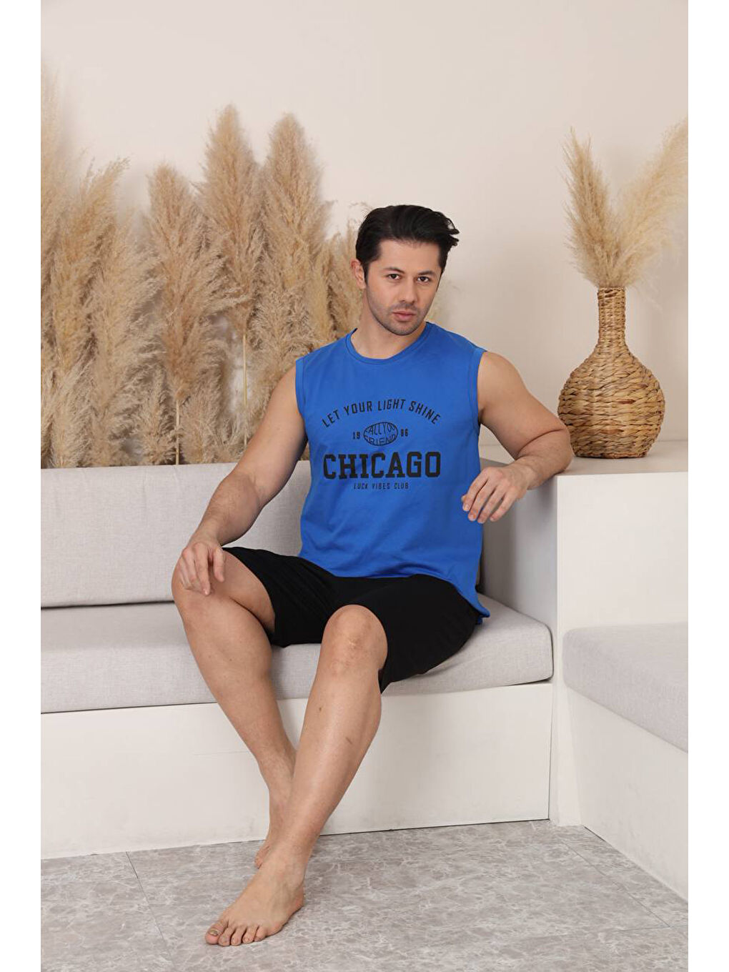 Mavi %100 Pamuklu Kolsuz Cepli Erkek Şortlu Pijama Takımı 2011-3