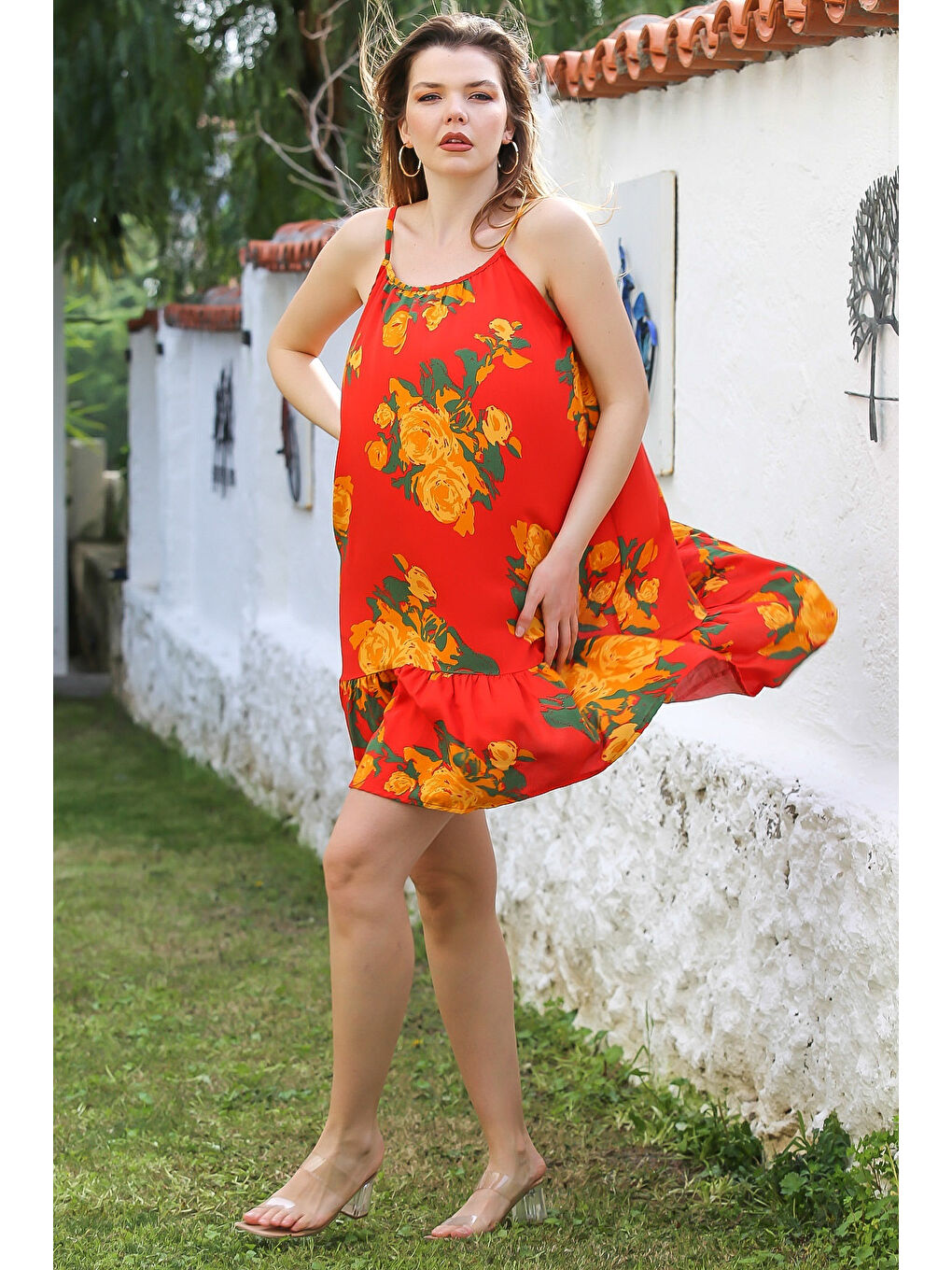 Turuncu Eteği Fırfırlı Ayarlanabilir Askılı Allover Baskılı Casual Viskon Dokuma Elbise 105 66-1