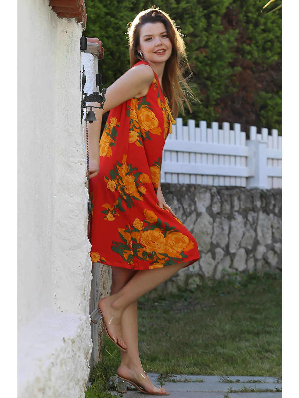 Turuncu Havuz Yaka Kolsuz Bağlamalı Püsküllü Allover Baskılı Casual Viskon Dokuma Elbise 100 60-3