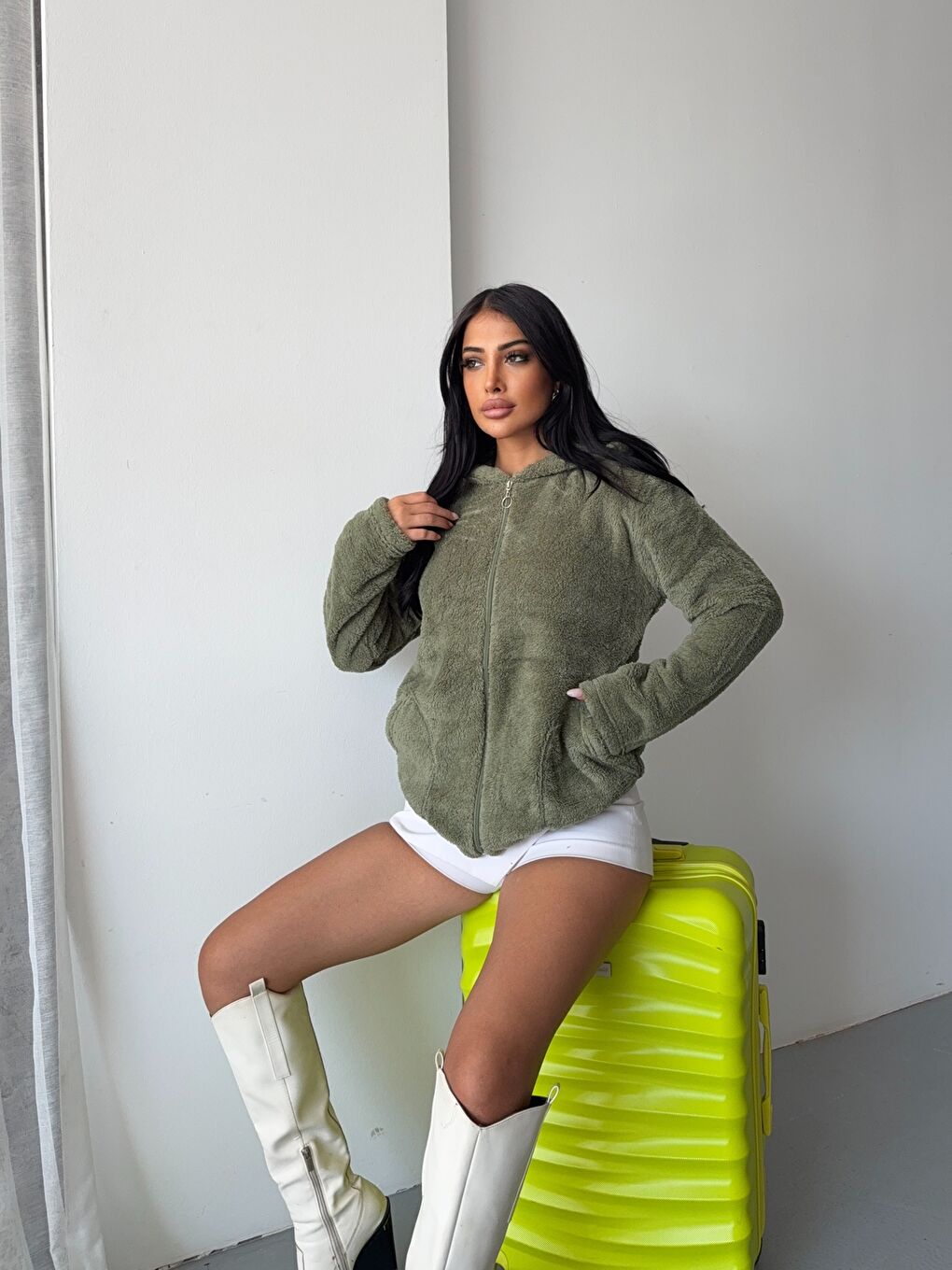 Fermuarlı Kapüşonlu Haki Polar Sweatshirt